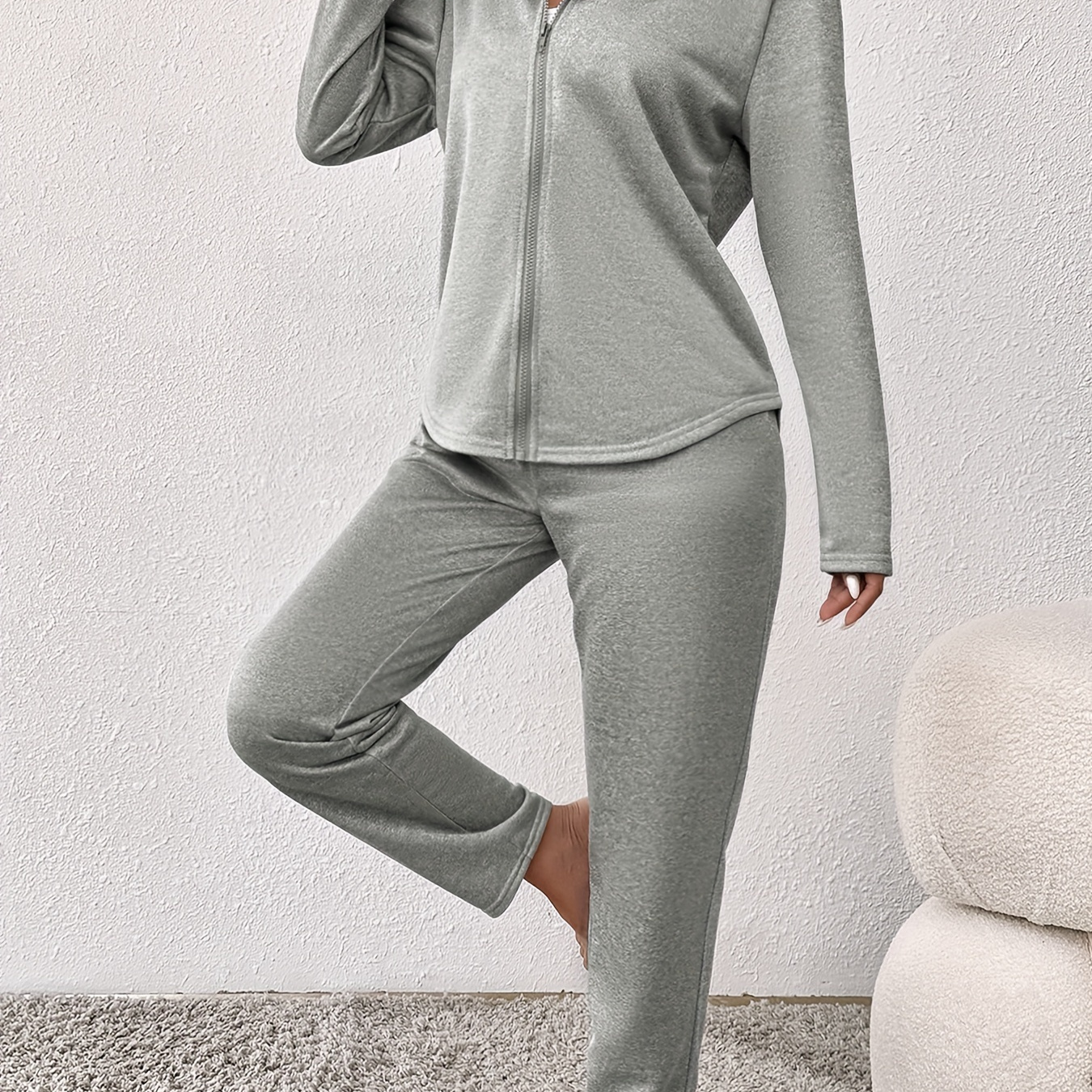 

Solid Casual Two-piece Set, Zip Up Hooded Long Sleeve Tops & Drawstring Long Length Pants Outfits, Women's Clothing