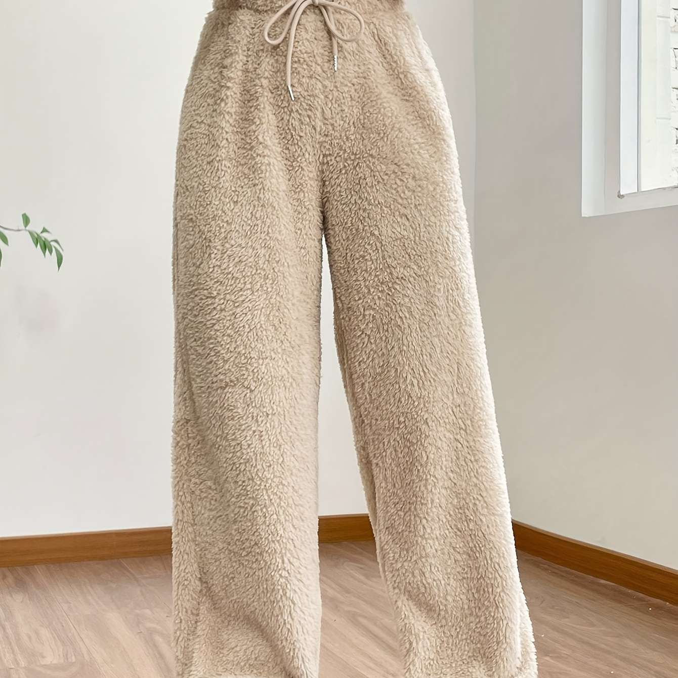 Solid Fuzzy Loose Pants Casual Drawstring Warm Pants Fall - Temu