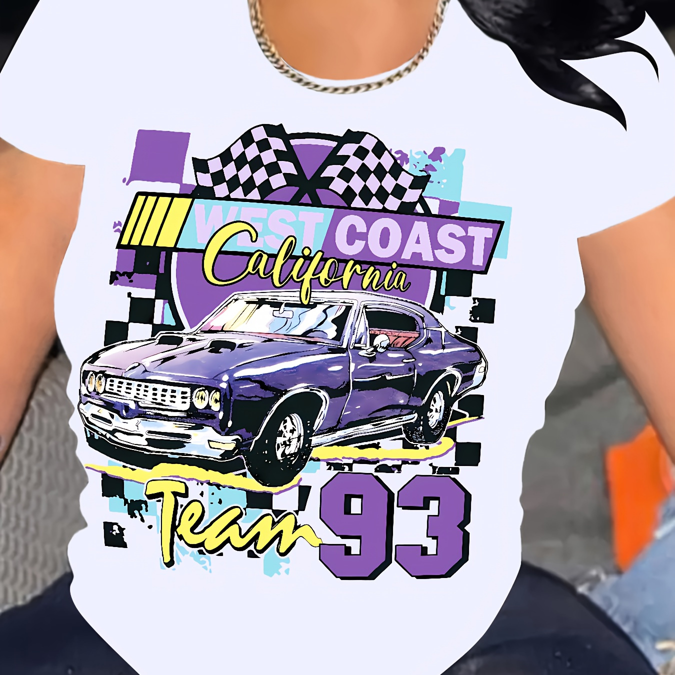 

Women's Casual West Coast California Purple Car Graphic T-shirt, Loose Fit Summer Top, Short Sleeve Crewneck Tee