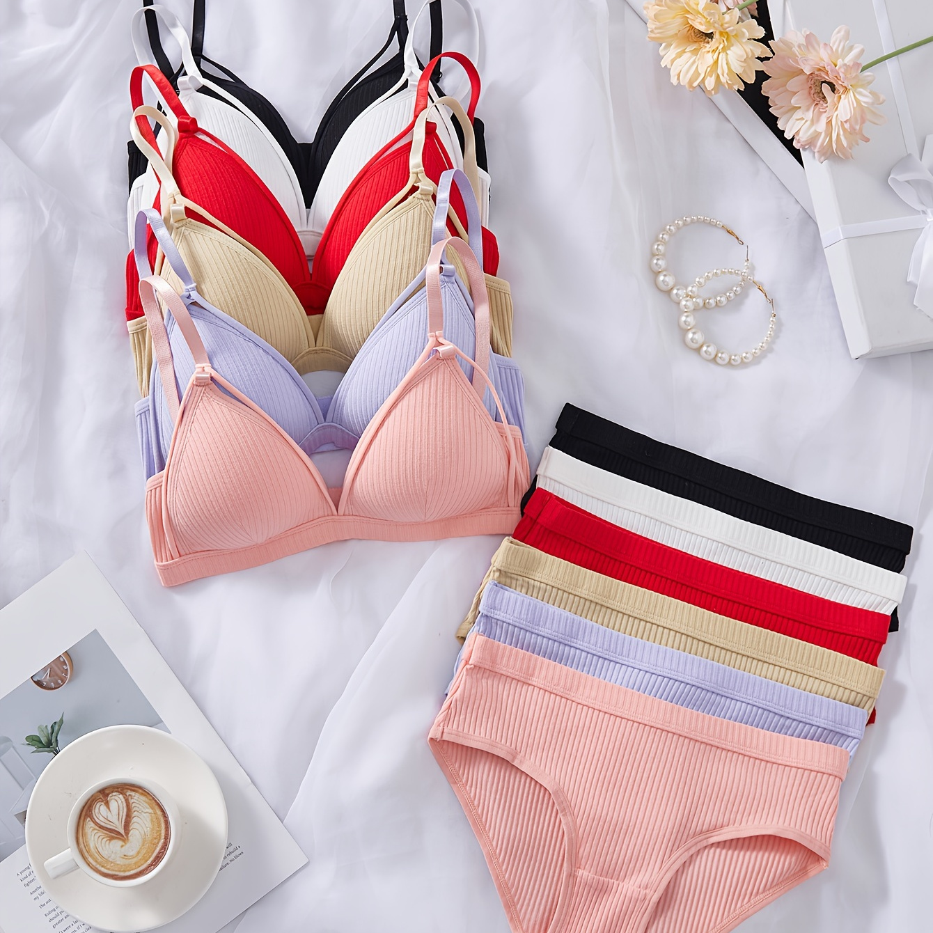 

6 Ensembles de Lingerie Décontractée, Ensemble Soutien-Gorge et Culotte Unis, Lingerie et Sous-Vêtements pour Femmes