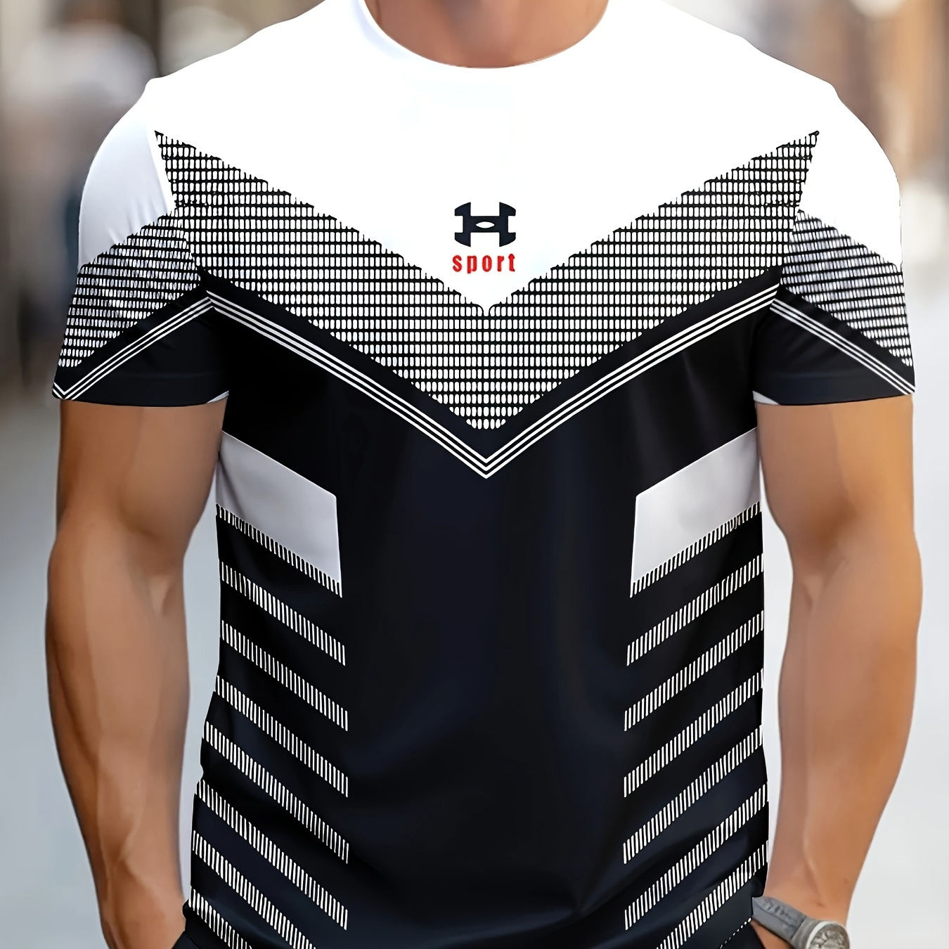 

1pc Men' Casual Crew Neck T-shirt With 3d Geometric Print, Polyester Knit Fabric With Slight Stretch, Regular Fit