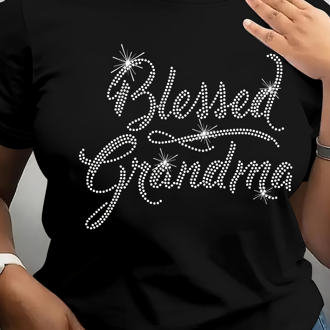 

1pc Women's "blessed Grandma" Rhinestone Letter Print T-shirt, Polyester Knit Fabric, Casual Crew Neck Short Sleeve Top For Summer & Spring