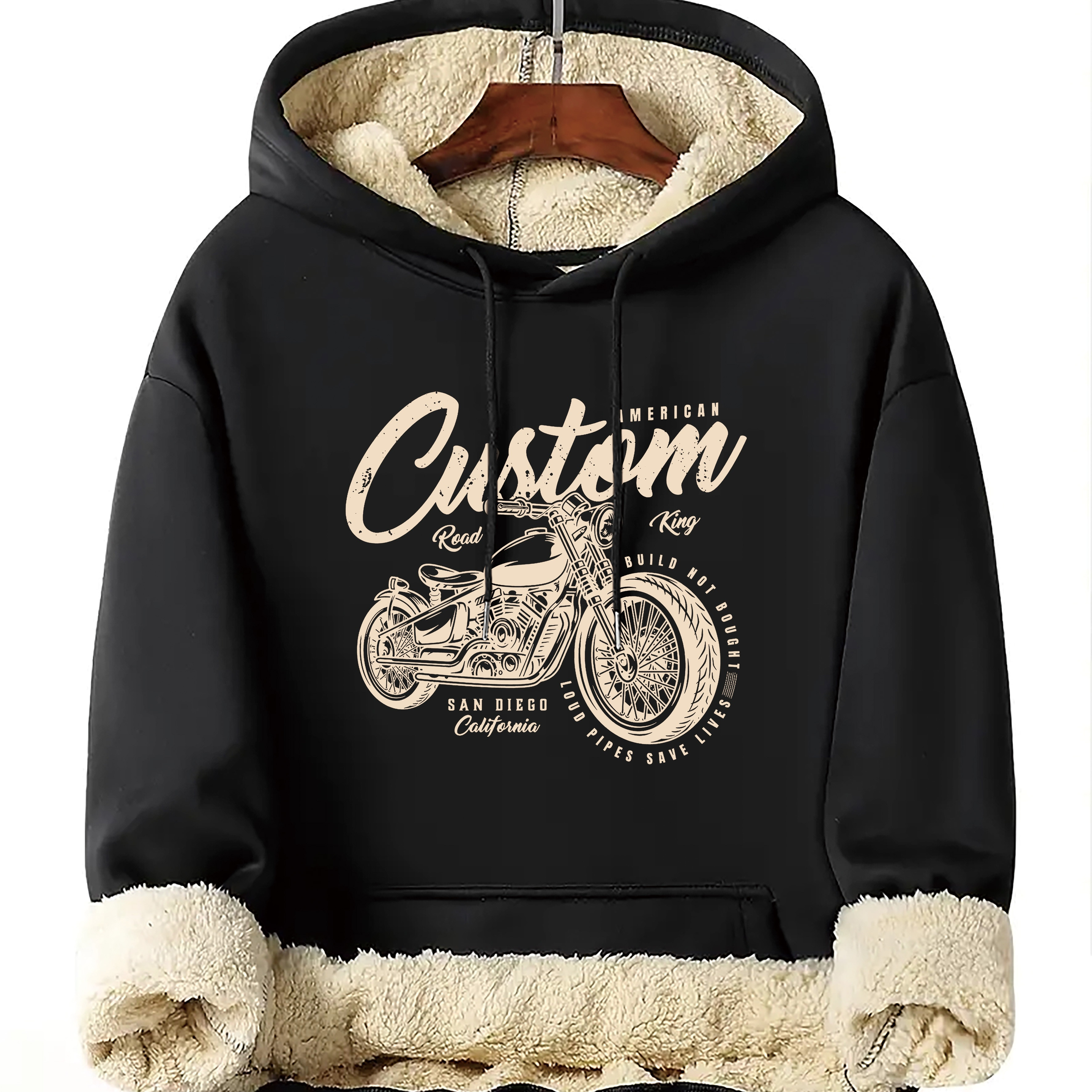 

Motorcycle Print Fleece Hoodie, Cool Thermal Hoodies For Men, Men's Casual Graphic Design Hooded Sweatshirt With Kangaroo Pocket Streetwear For Winter Fall, As Gifts