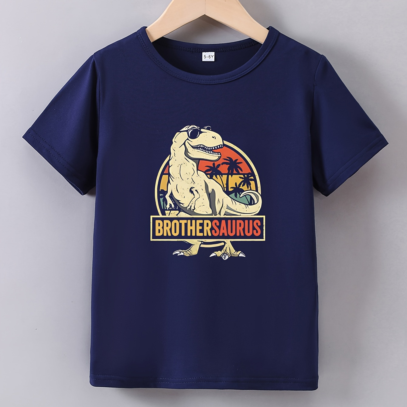 

Brother & Dinosaur Print, Boys Creative T-shirt, Comfy Crew Neck Casual Tee Top, Trendy Summer Top