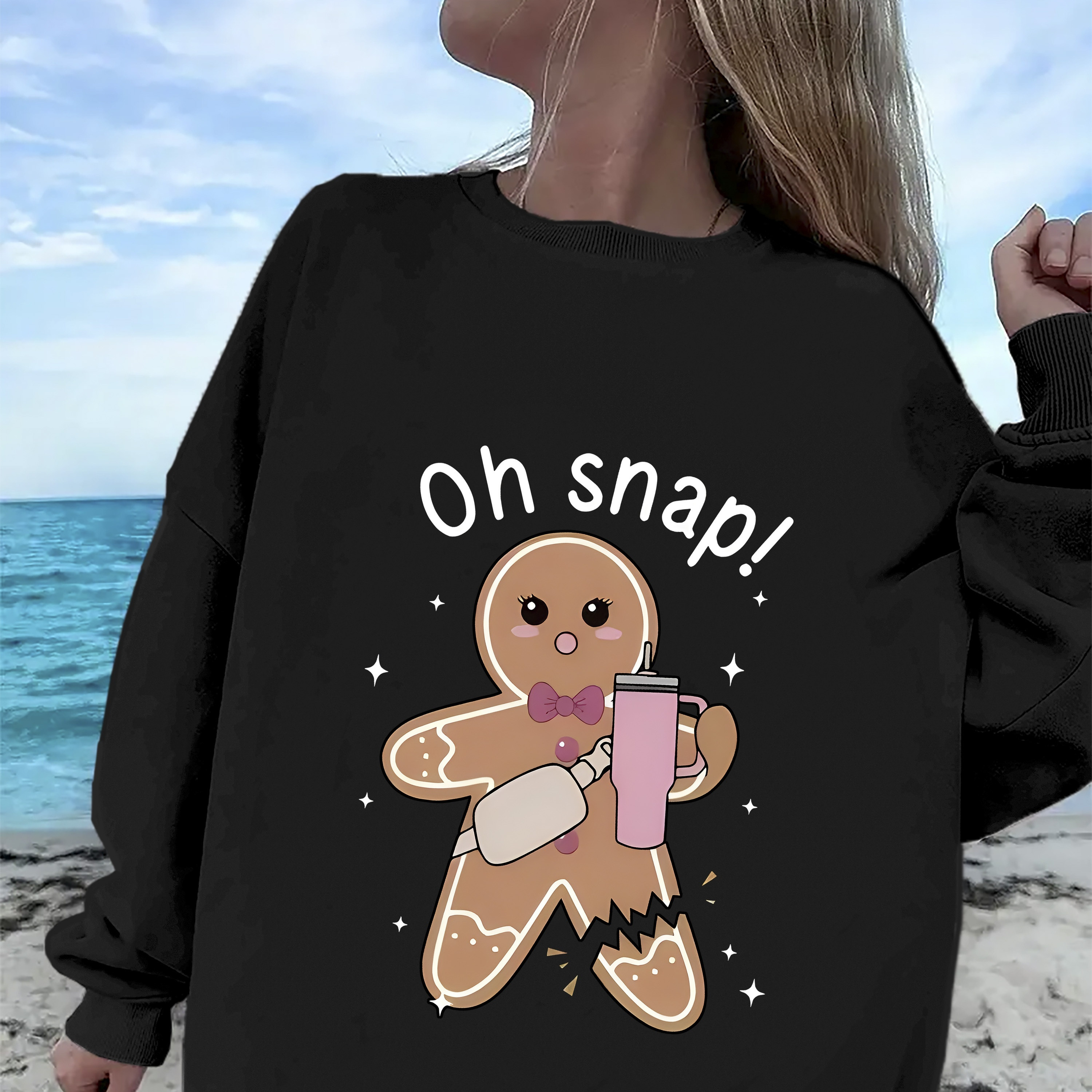 

Women's Christmas Gingerbread Sweatshirt, Casual Long Sleeve Round Neck Pullover, Fashion Sport Hoodie, Polyester Knit Fabric, Geometric Pattern, All , No Detail
