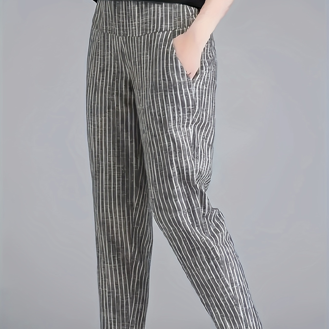 

Stripe Print Slant Pockets Tapered Pants, Casual Elastic Waist Pants For Spring & Summer, Women's Clothing