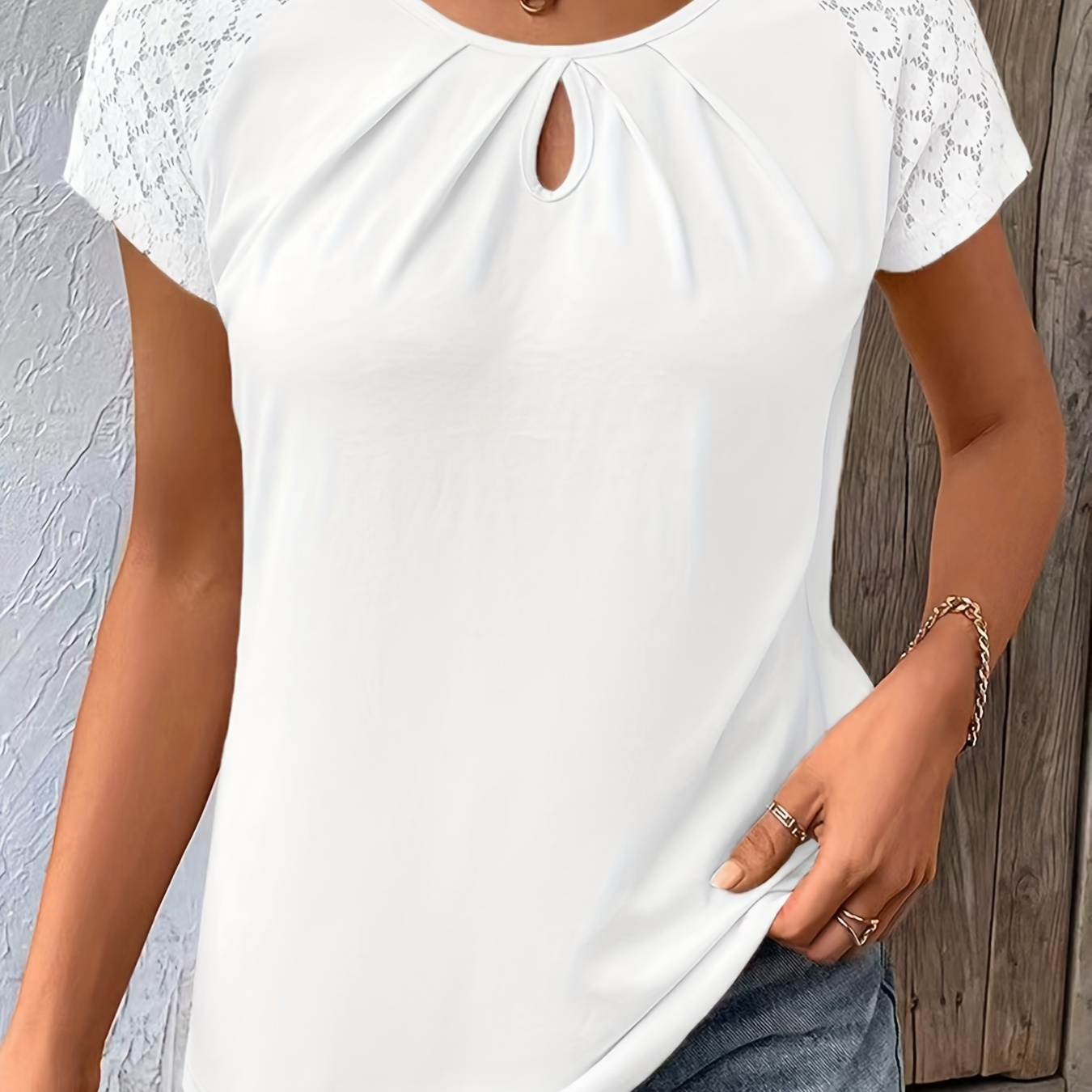 

Solid Color Lace Splicing T-shirt, Casual Cut Out Crew Neck T-shirt For Spring & Summer, Women's Clothing
