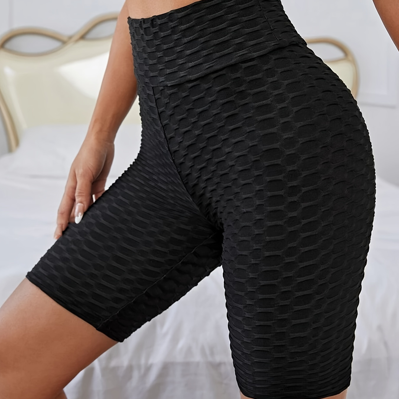 

Solid High Waist Ruched Leggings, Casual Textured Leggings For Spring & Summer, Women's Clothing