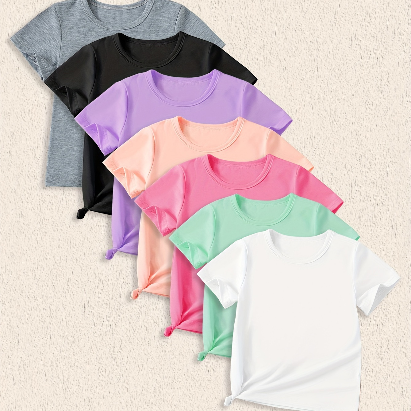 

7pcs Girls Solid Versatile Short Sleeve T-shirt Tops For Summer Gift