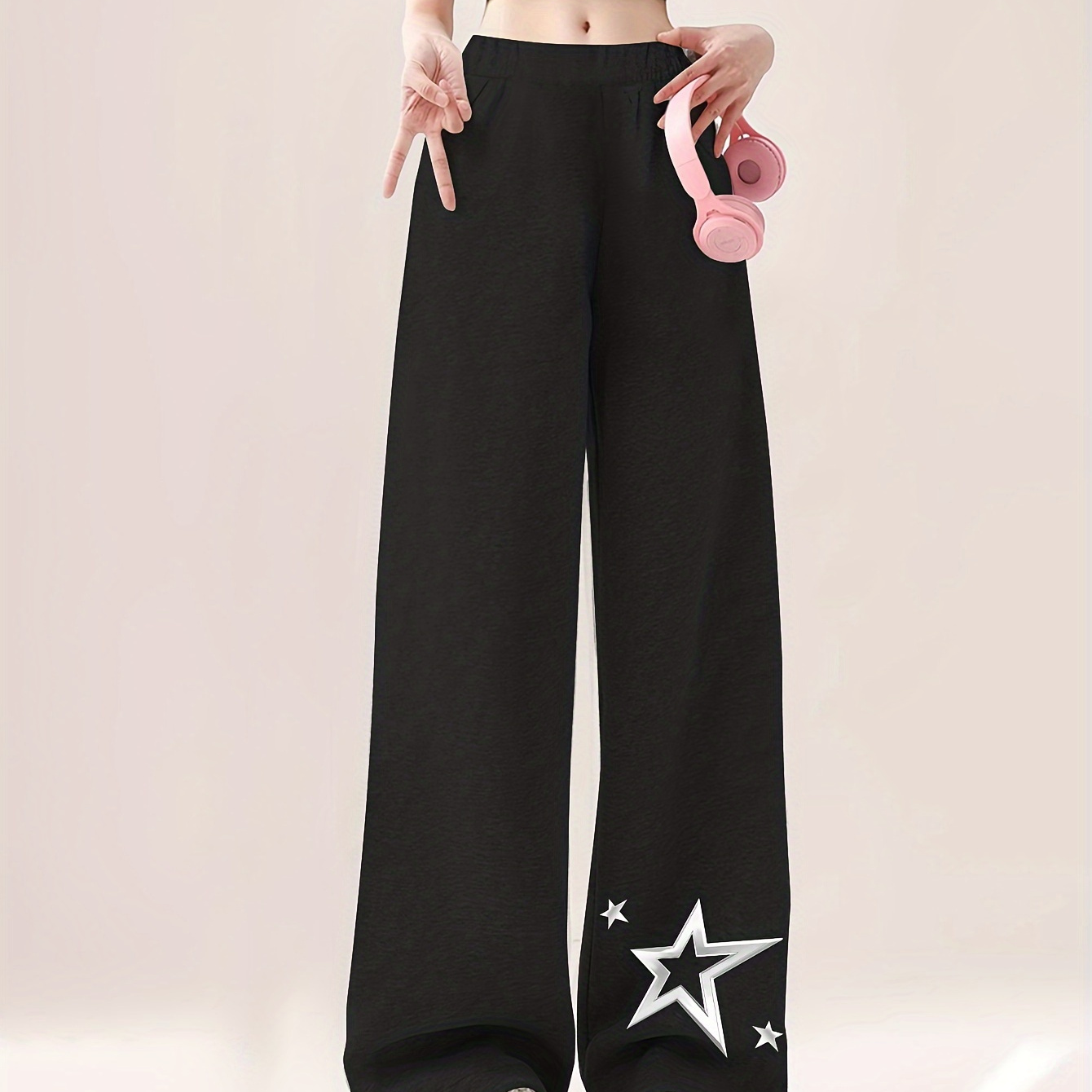 

Creative Stars Pattern Print Girl's Wide Leg Pants, Casual Comfortable Loose Trousers For Autumn