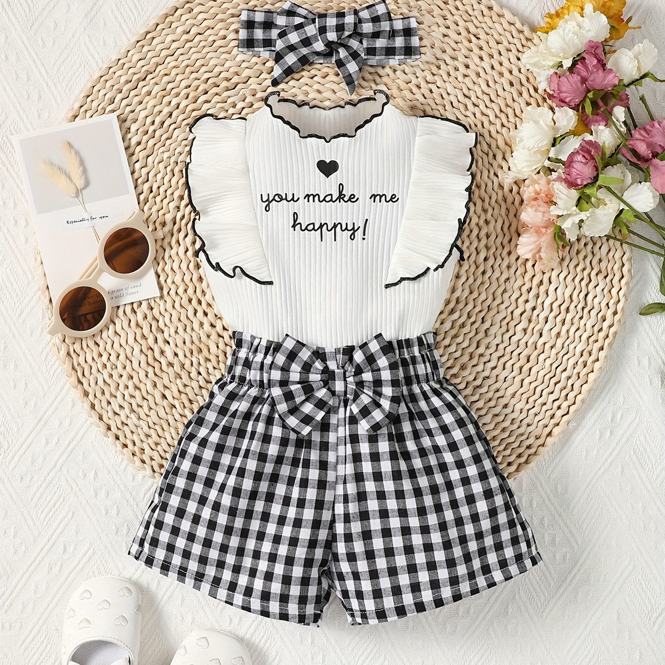 

Baby's "you Make Me Happy" Print 2pcs Summer Lovely Outfit, Ruffle Decor Ribbed Sleeveless Top & Plaid Pattern Shorts Set, Toddler & Infant Girl's Clothes