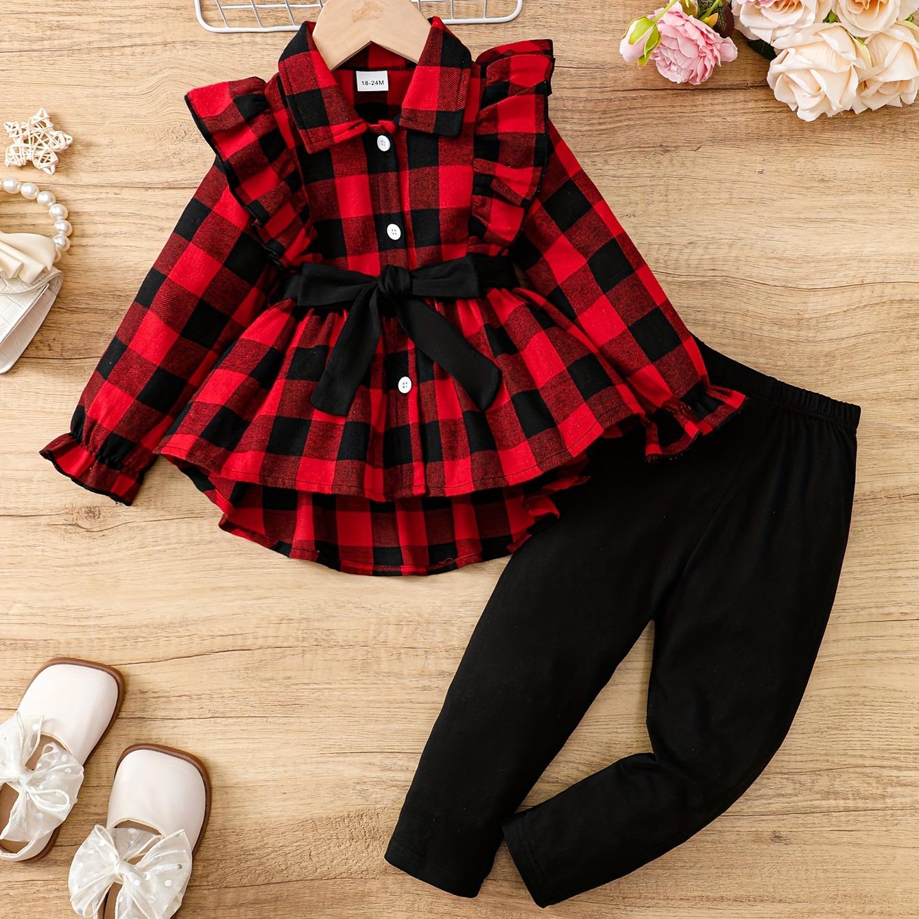 

2pcs 's Pattern Belted + Pants, Toddler & Infant Girl's Set For