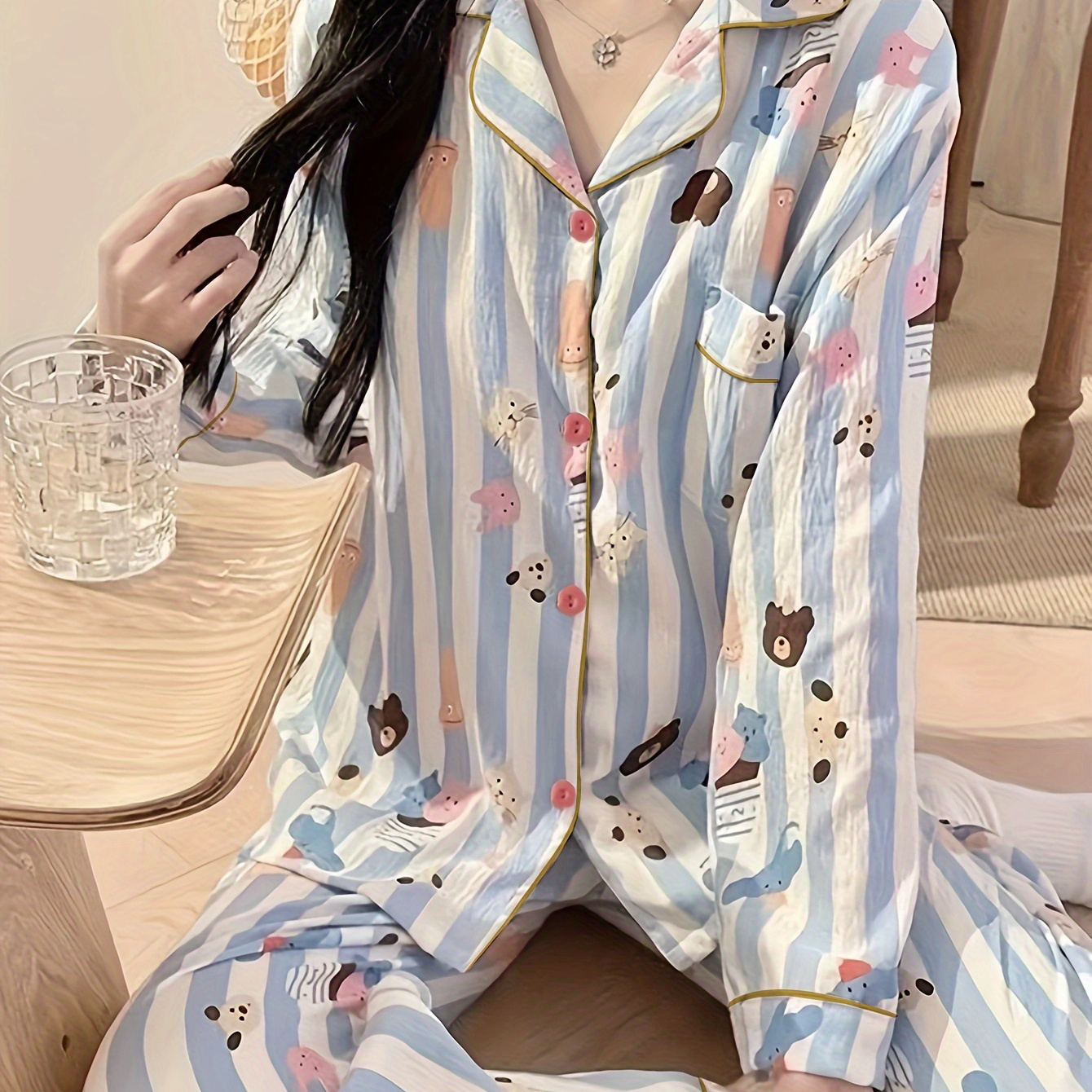 

Women's Cute Cartoon Rayon Long Sleeve Pajama Set With Pockets, Casual Lapel Collar Top And Pants Loungewear For Spring And Fall