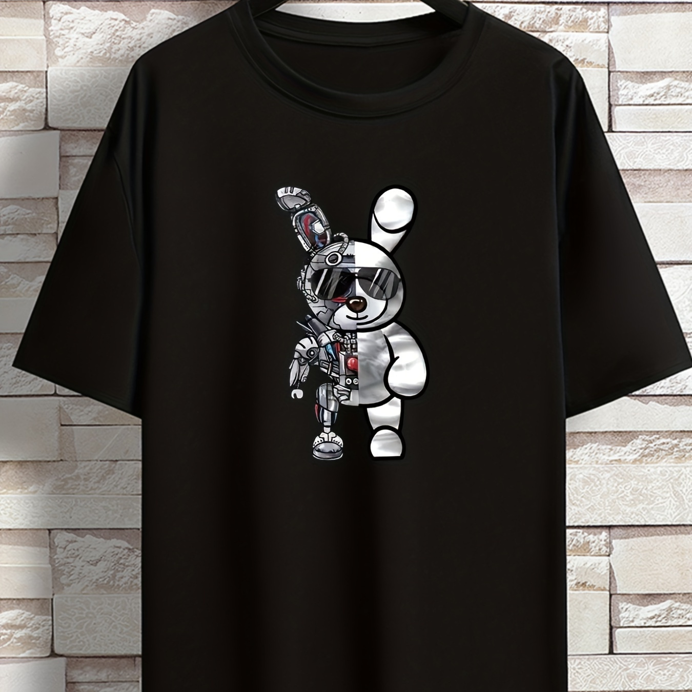 

Plus Size Men's Trendy Robot Rabbit Graphic Tees, Comfy Stretch Breathable T-shirts For Summer, Oversized Loose Men's Clothings