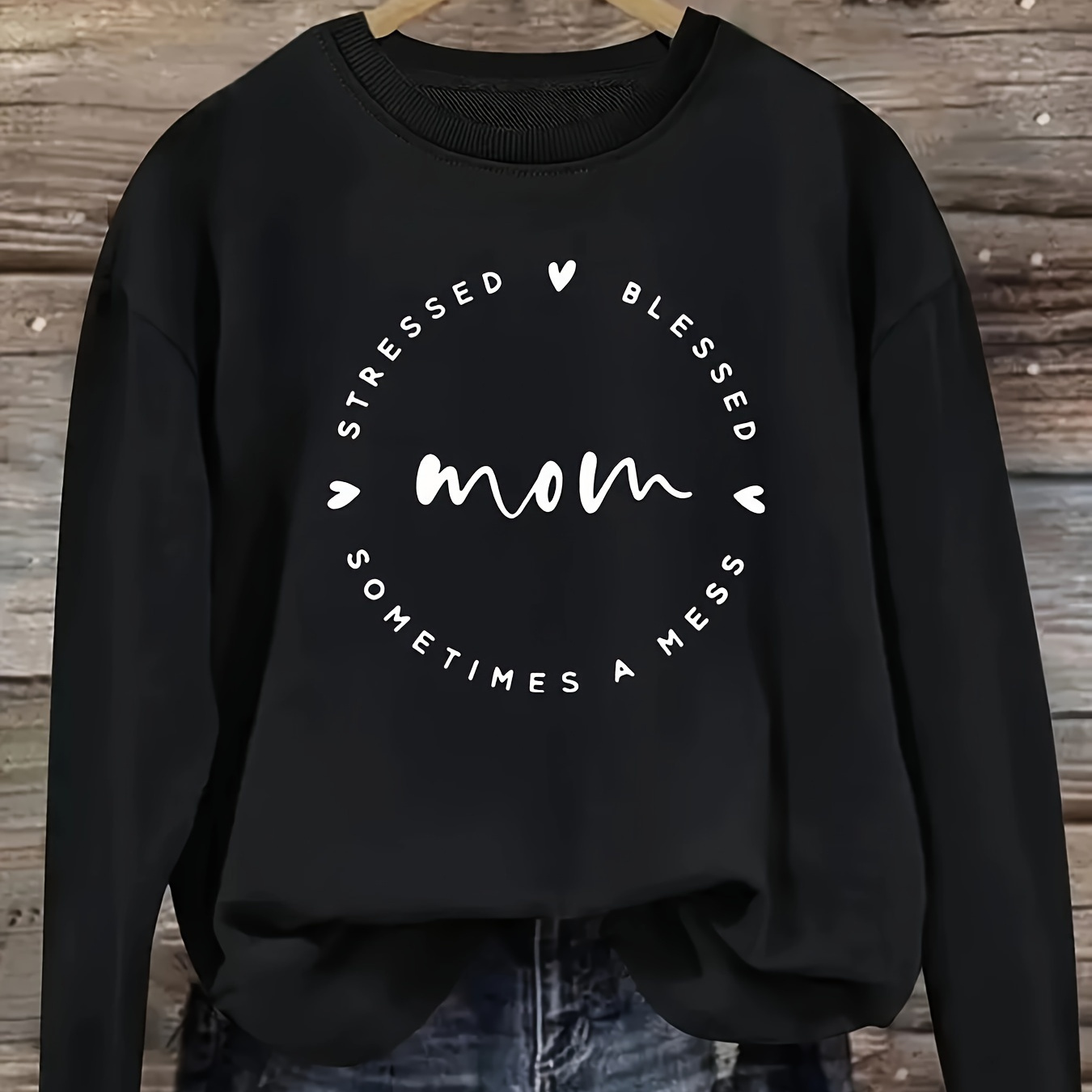 

Plus Size Mom Print Crew Neck Pullover Sweatshirt, Casual Long Sleeve Sweatshirt For Fall & Winter, Women's Plus Size Clothing