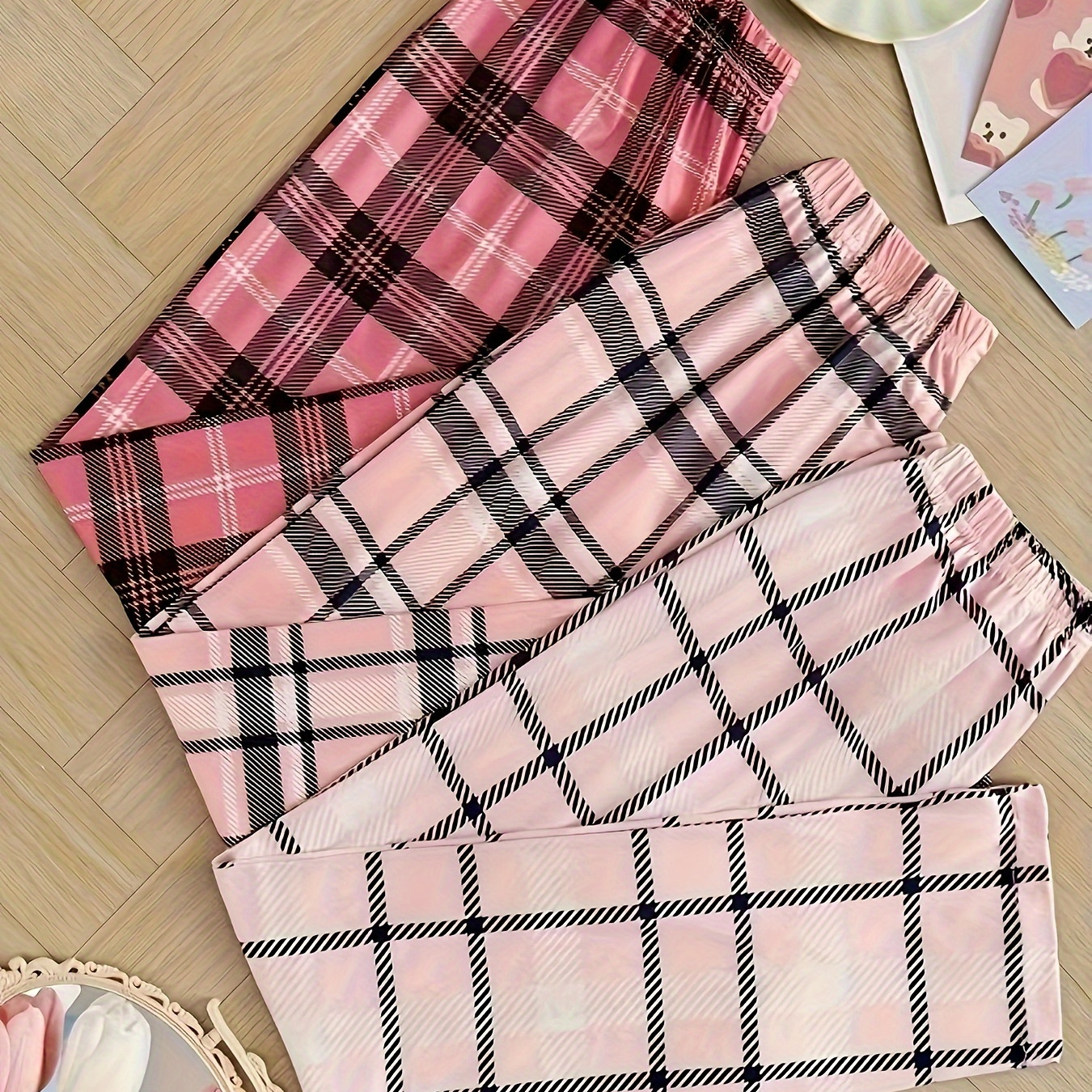 

3pcs Women's Sleepwear Pants Set - Fashionable Checkered Lounge Pajama Bottoms, Waistband, , Machine Washable, Pajama Set