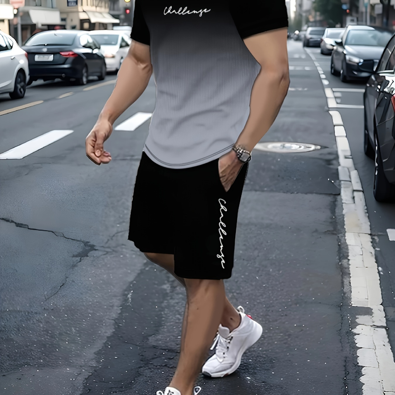 

Men's Outfit, Gradient Casual Crew Neck Short Sleeve T-shirt & Shorts 2-piece Set For Summer Outdoor Activities