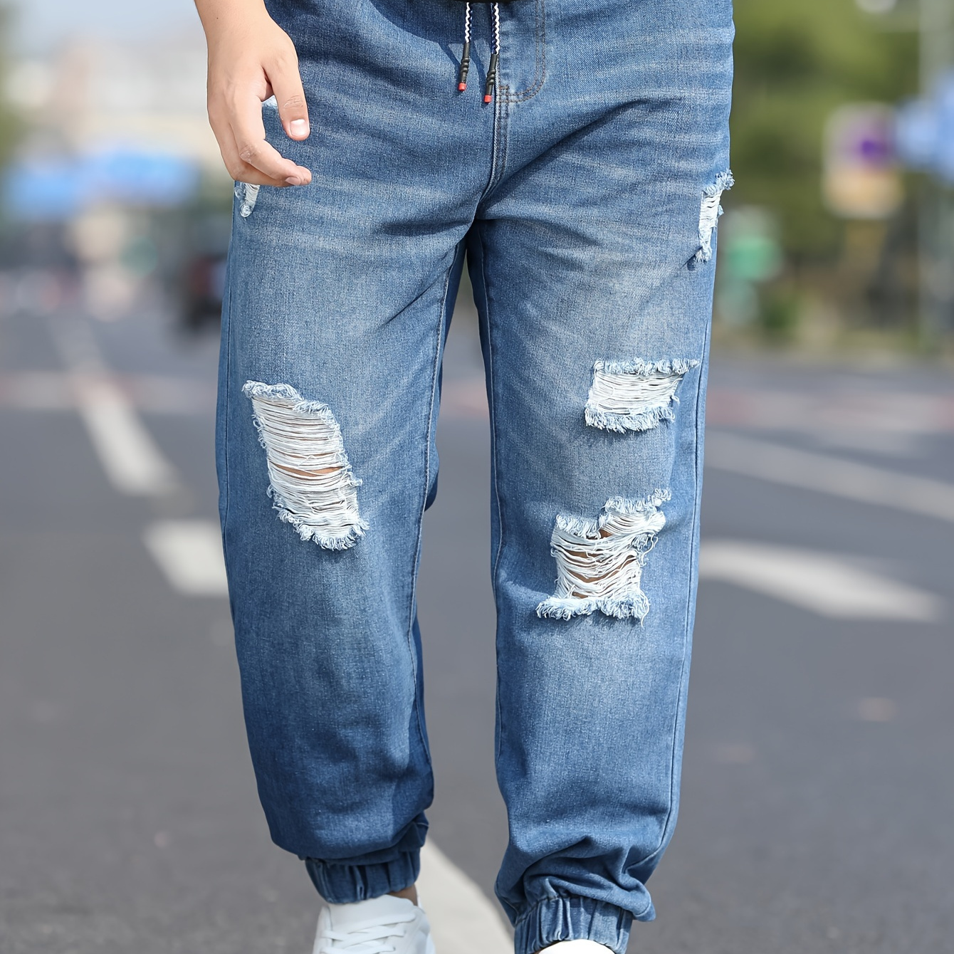 Plus Size Men's Solid Ripped Jeans Fashion Casual Denim Pants Personalized Pants, Men's Clothing