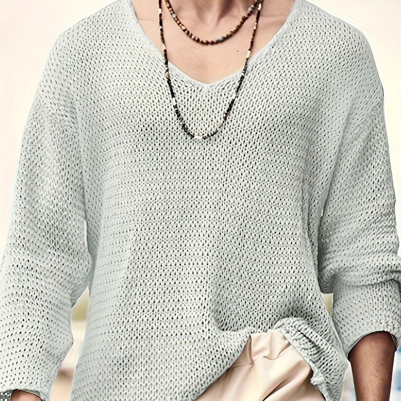 

Men's Casual V-neck Long Sleeve Sweater - Polyester Knit Fabric, Slim Fit, , Solid Color, V-neck Style
