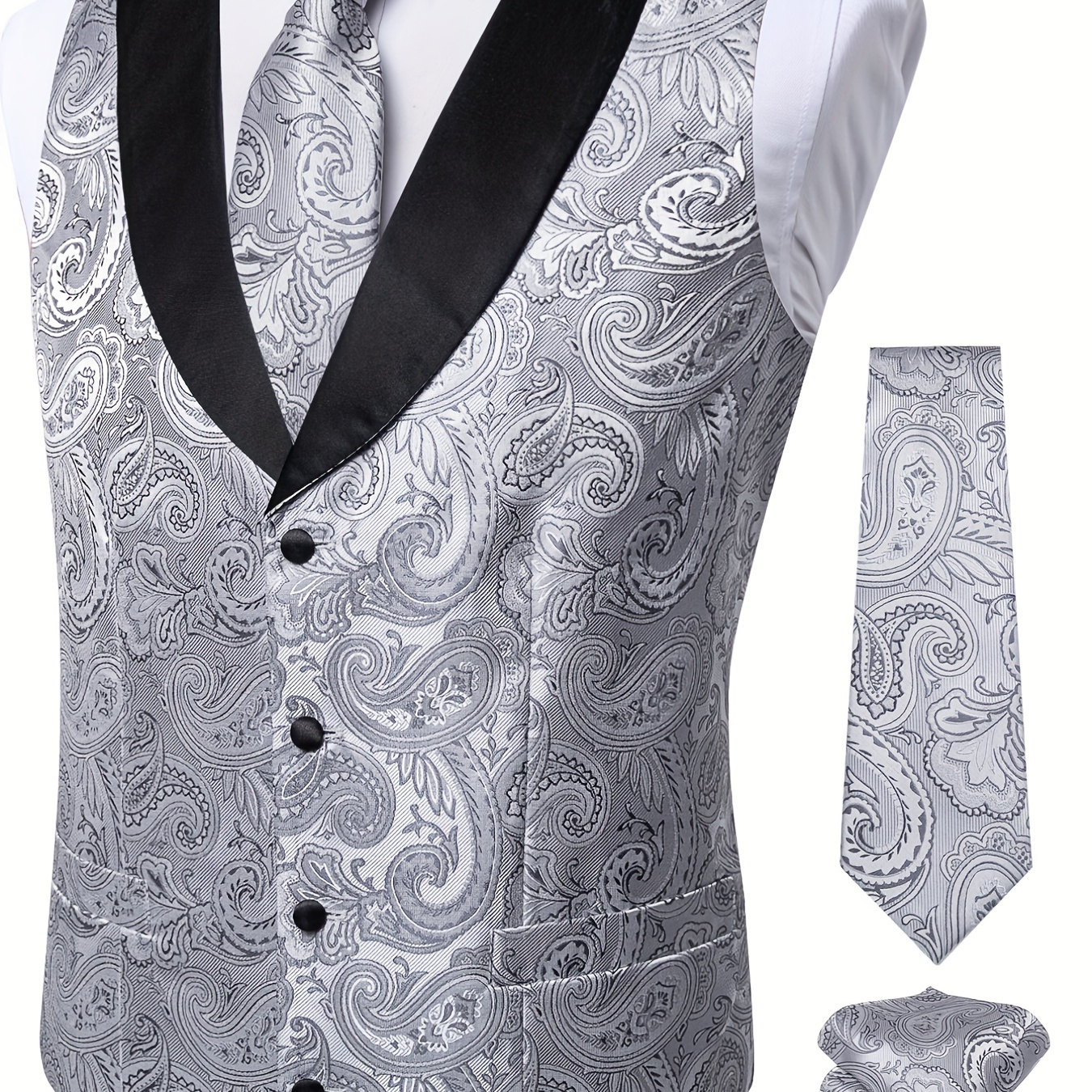 mens vest grey paisley waistcoat pocket square necktie set Temu