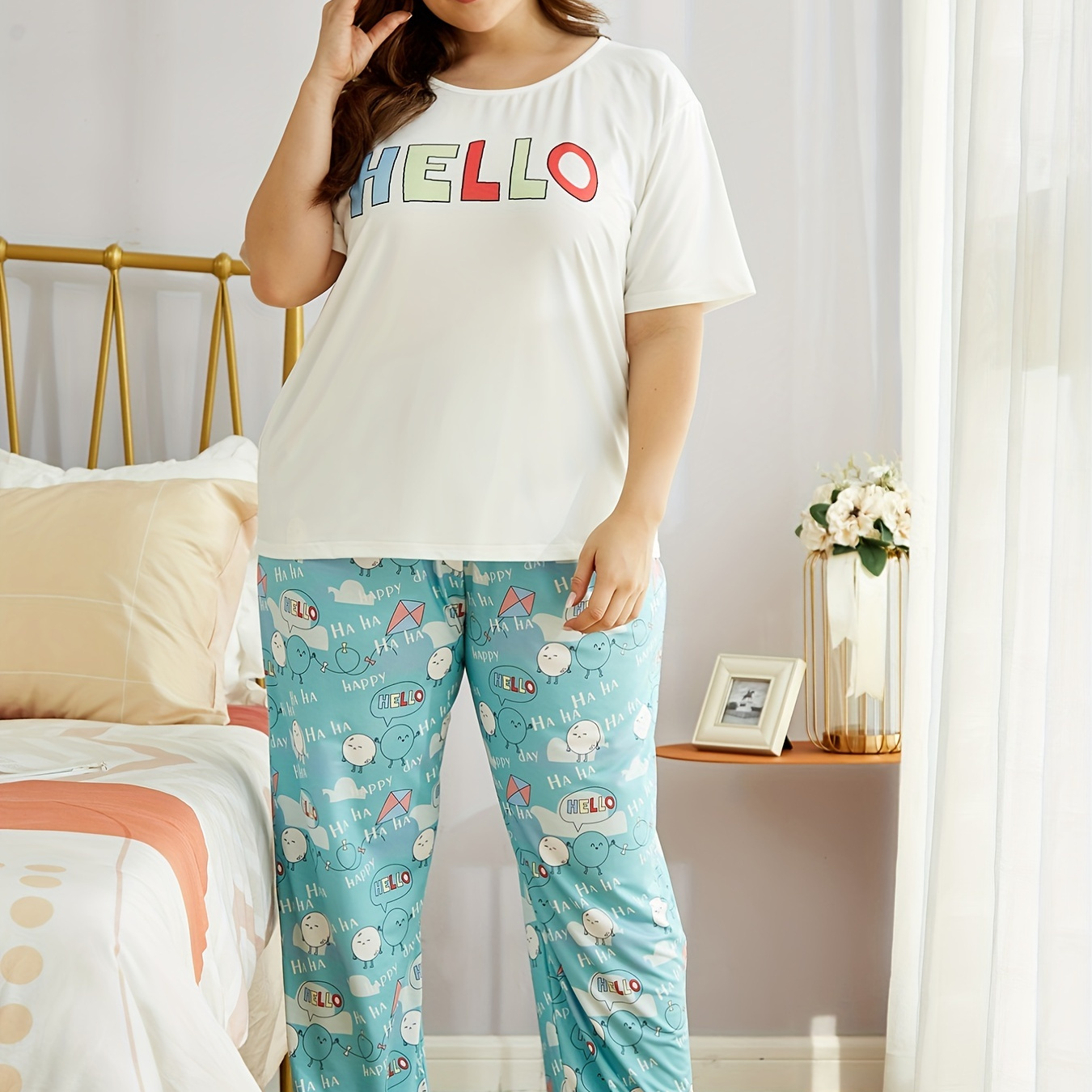 Plus Size Casual Loungewear Set, Women's Plus Letter Print Short Sleeve  T-shirt & Cartoon Eggs Print Pants, Pajamas Two Piece Set