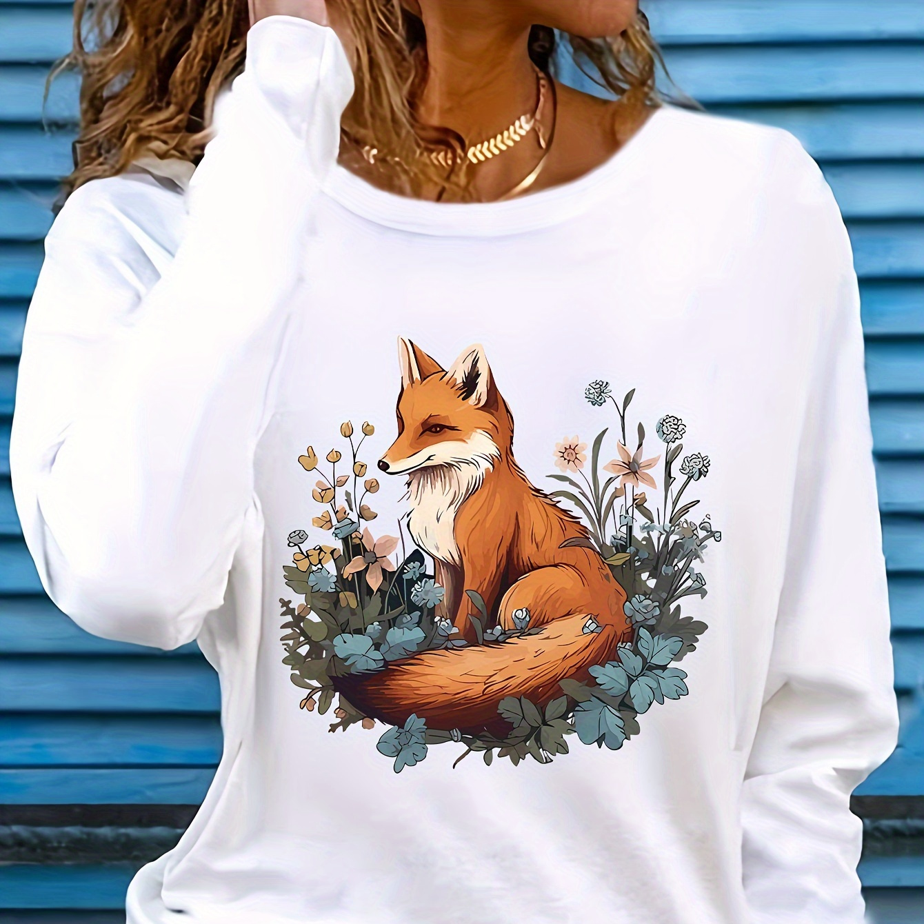 

Fox Print Long Sleeve T-shirt For Women - Casual Knit Fabric, Polyester, , Round Neck, Graphic Design, Regular Fit