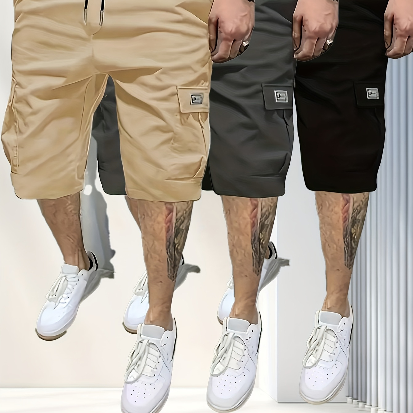 

3-pack Men's Multi-pocket Cargo Shorts, Summer Casual Drawstring Waist Solid Color Polyester Non-stretch Woven Regular Fit For And Fitness