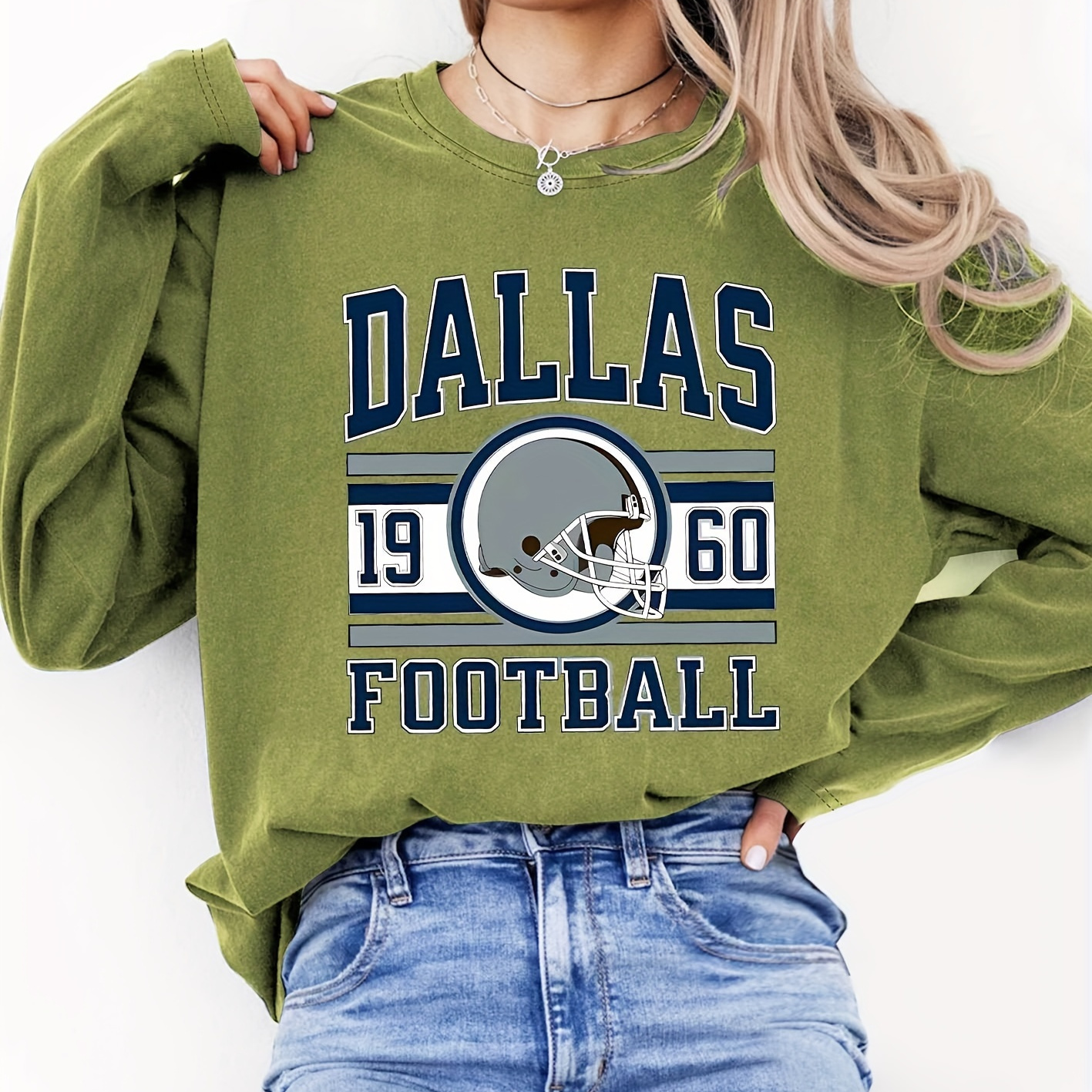 

Plus Size Dallas 1960 Football Neck Long Sleeve T-shirt - Casual Polyester Knit With Medium Stretch For All