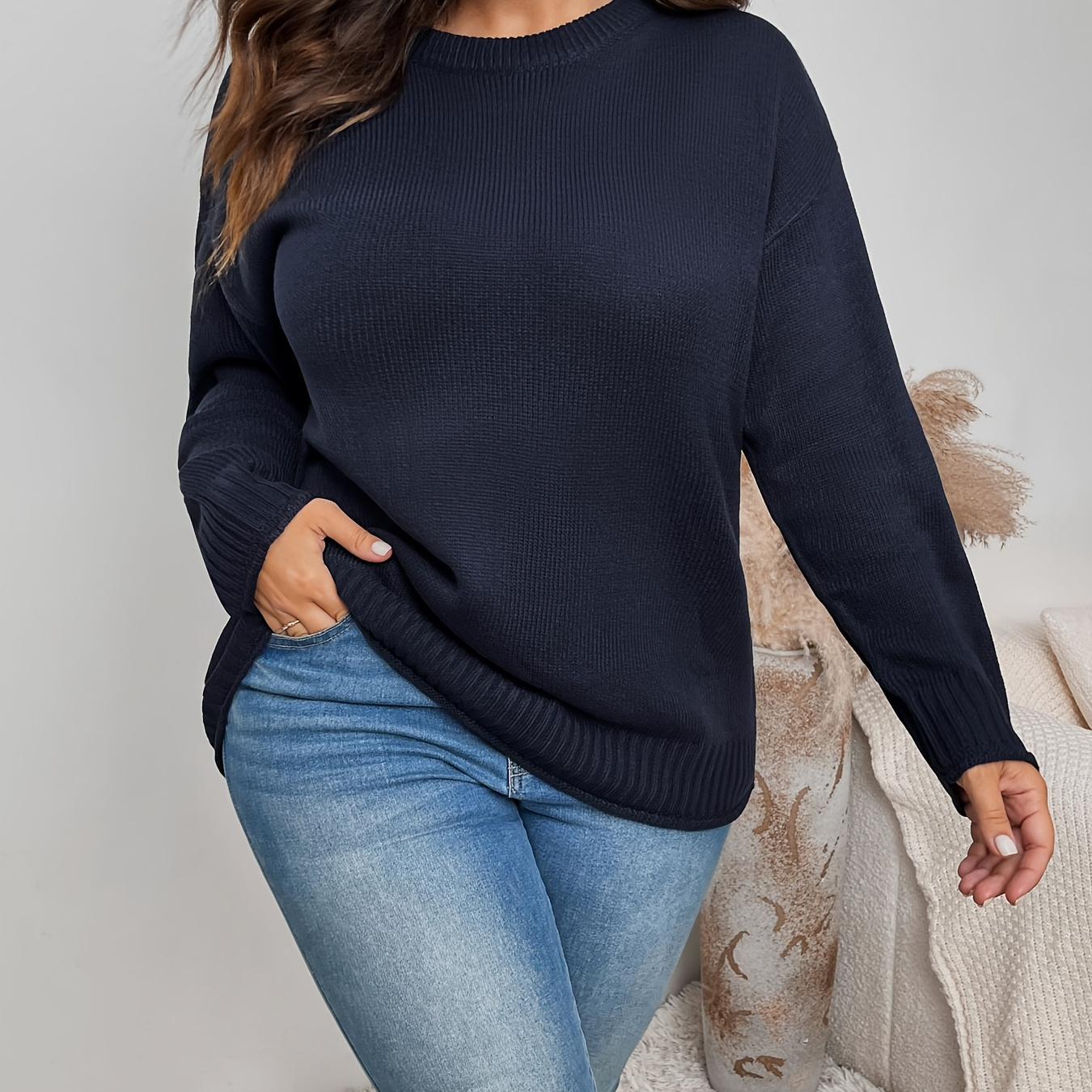 

Pullover en de couleur unie grande taille, pull simple et décontracté à manches longues, vêtements grande taille pour femmes