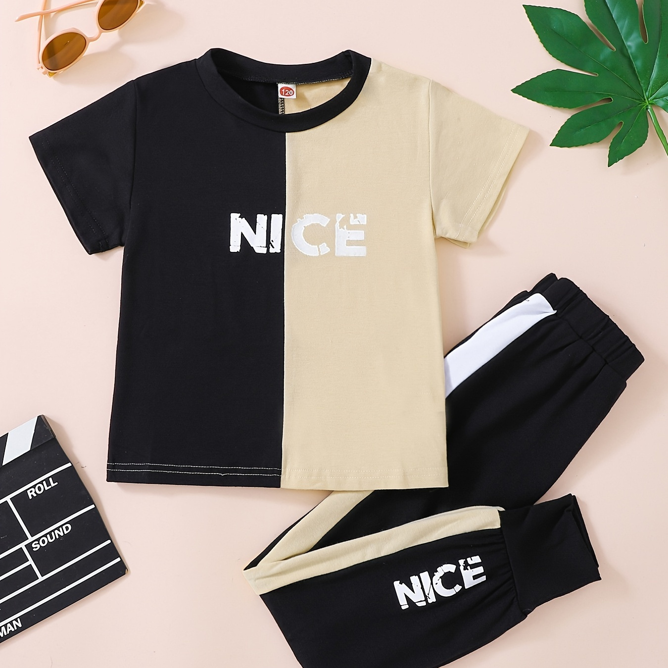 

2pcs Boys Letter Graphic Round Neck T-shirts Color Block Short Sleeve Tees Top & Elastic Waist Splicing Pants Set Kids Summer Clothes