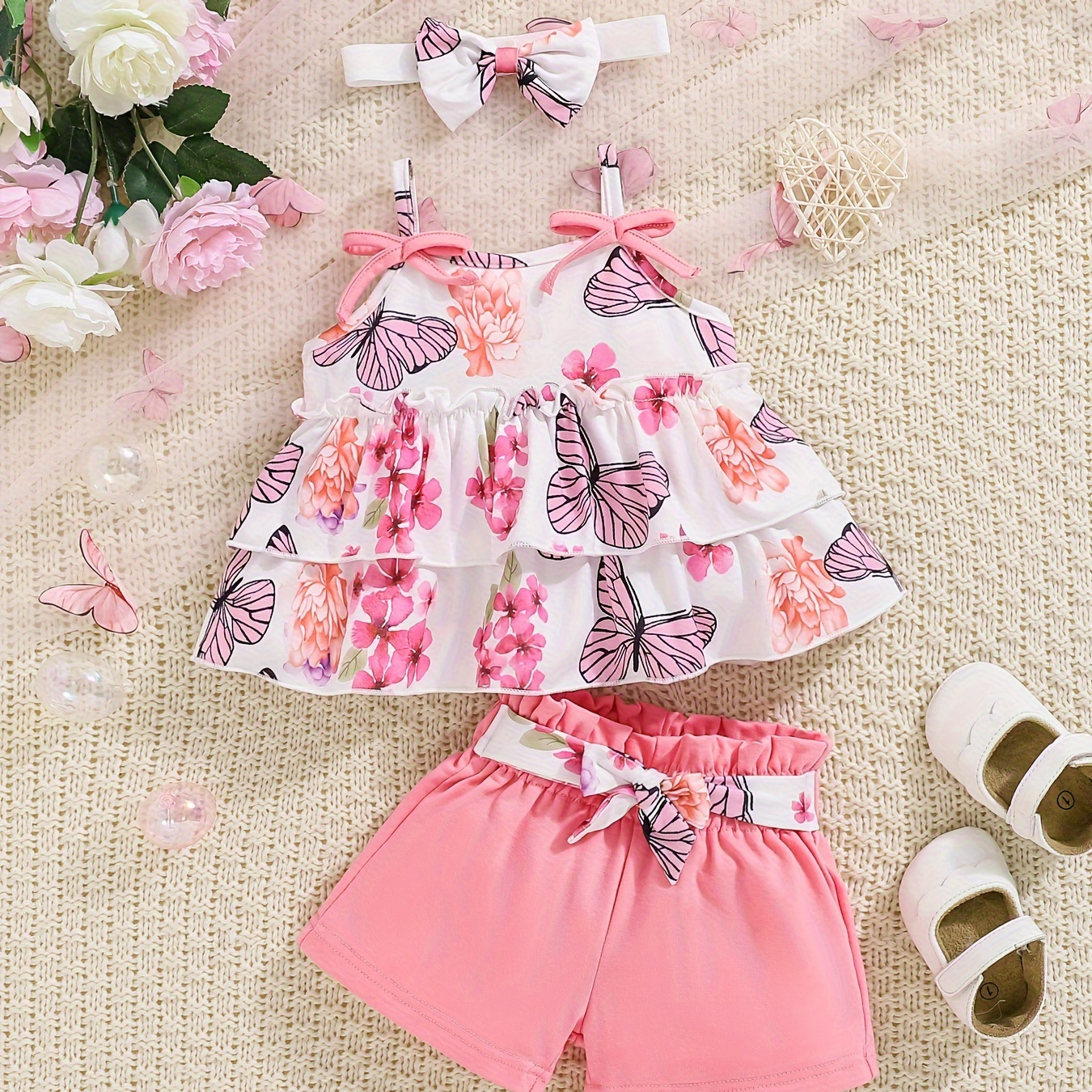 

Baby's Cartoon Butterfly & Flower Pattern 2pcs Summer Outfit, Layered Cami Top & Headband & Shorts Set, Toddler & Infant Girl's Clothes For Daily/holiday, As Gift