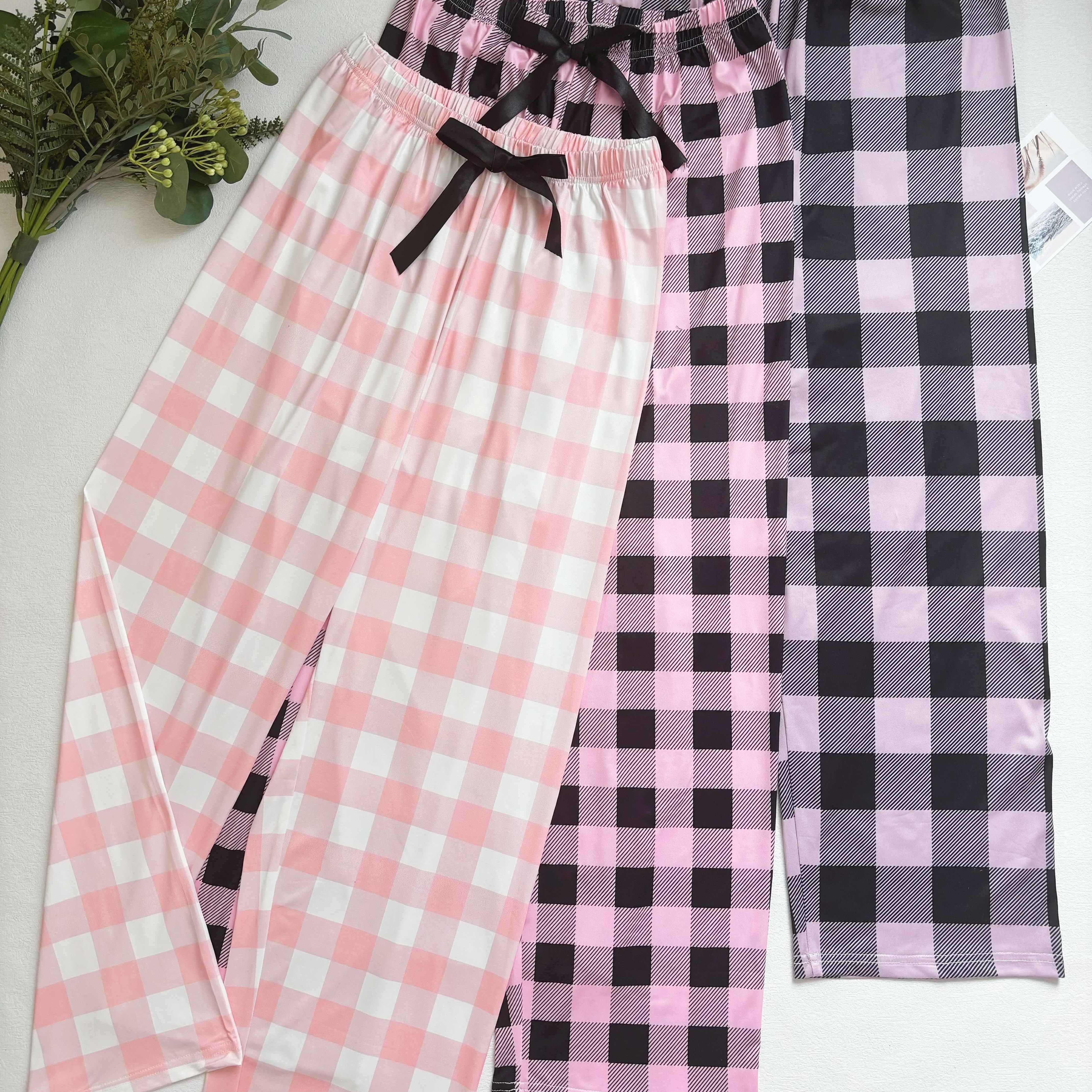 

3 Pcs Casual Plaid Print Pajama Bottoms, Elastic High Rise Loose Fit Pants, Women's Sleepwear For Fall & Winter