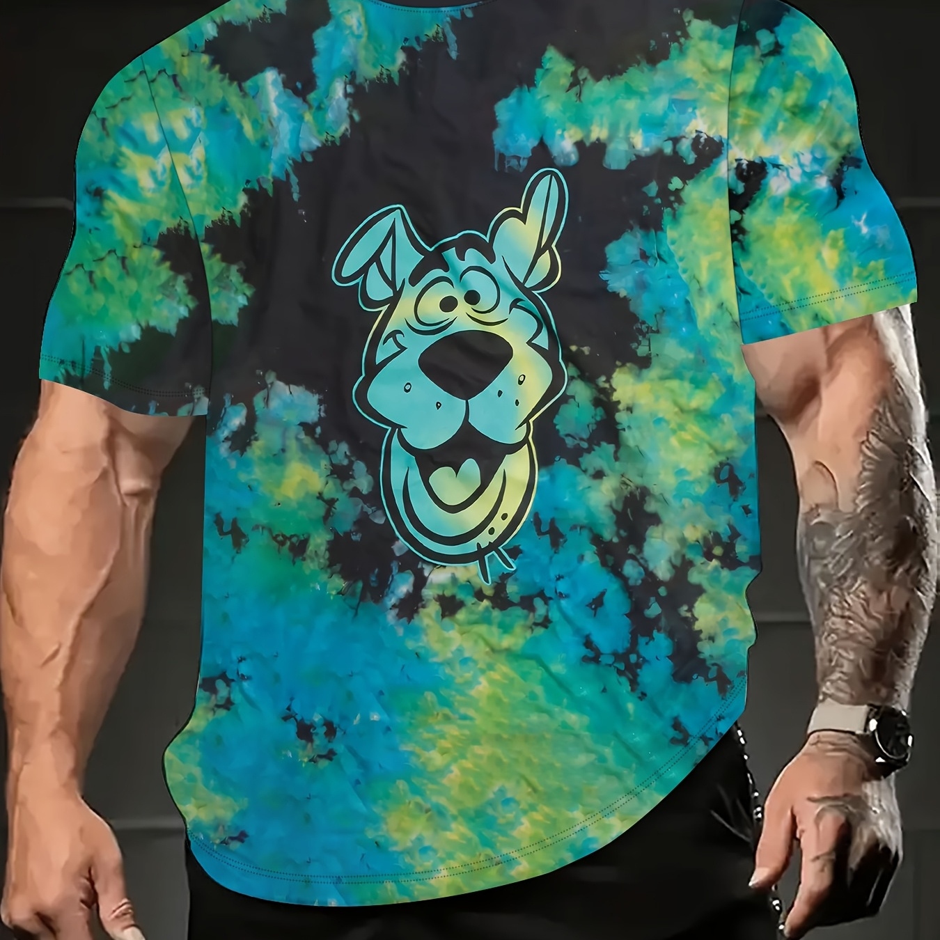 

1pc Men's Plus Size Casual Sports T-shirt, 3d Cartoon Dog Print, Tie-dye Polyester, Crew Neck, Short Sleeve Top