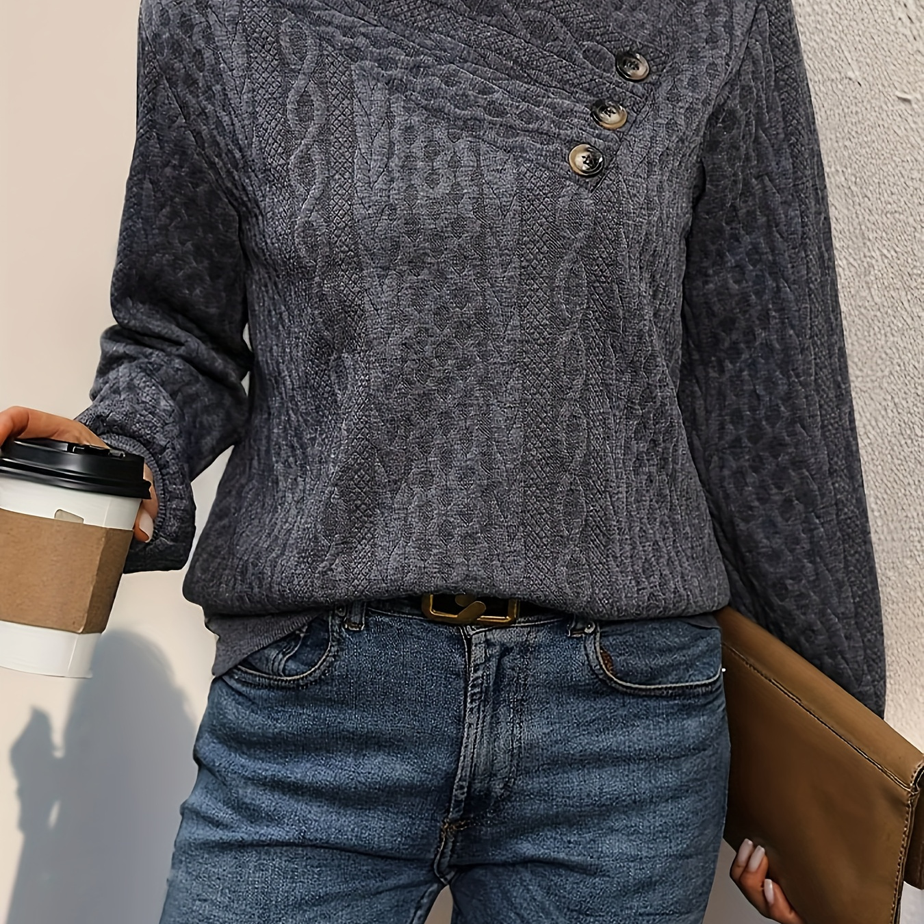 

Solid Textured Button Decor Ruched V Neck Sweatshirt, Casual Long Sleeve Sweatshirt For Fall & Winter, Women's Clothing