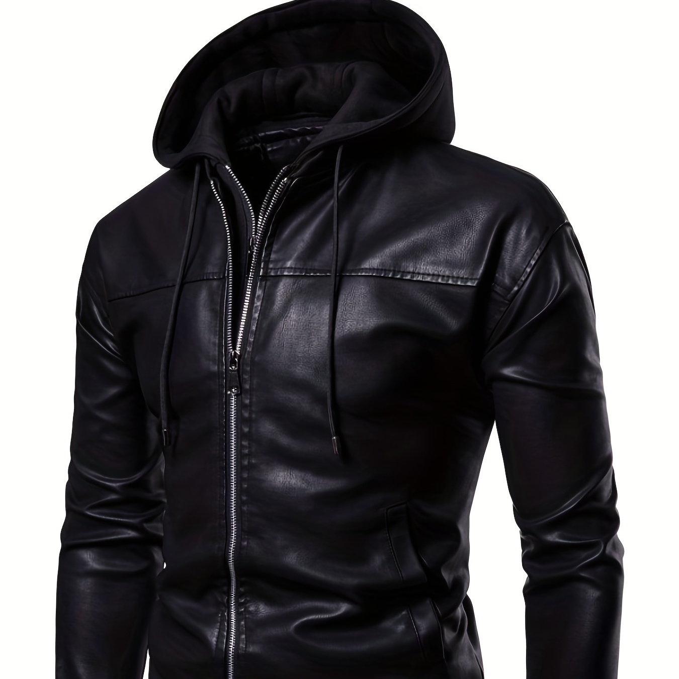 PU Hooded Biker Jacket, Men's Casual Solid Color Zip Up Stand Collar Faux Leather Jacket For Spring Fall