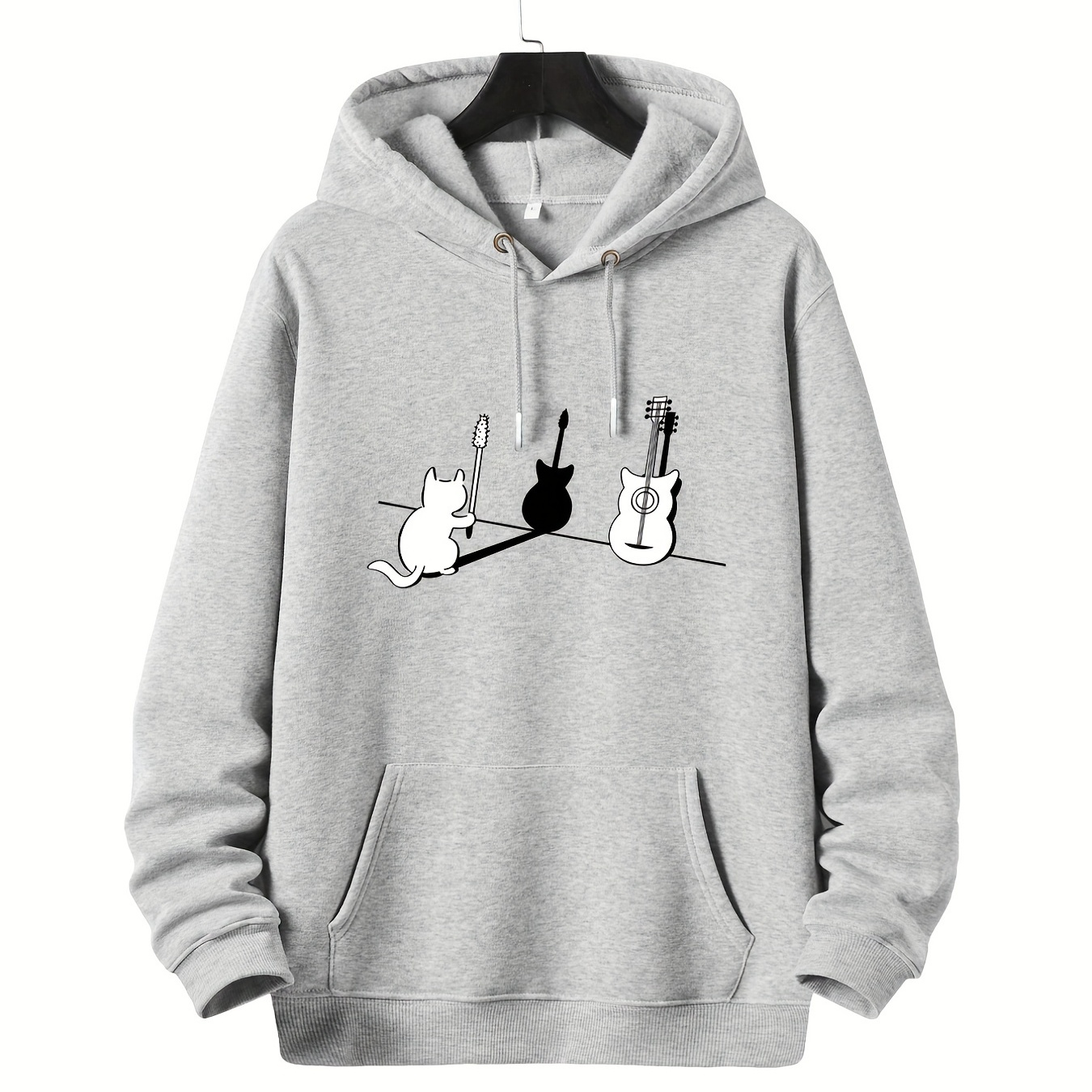 

Plus Size Men's Cat's Guitar Shape Shadow Pullover Drawstring Hoodie, Oversized Loose Clothing For Big And Tall Guys