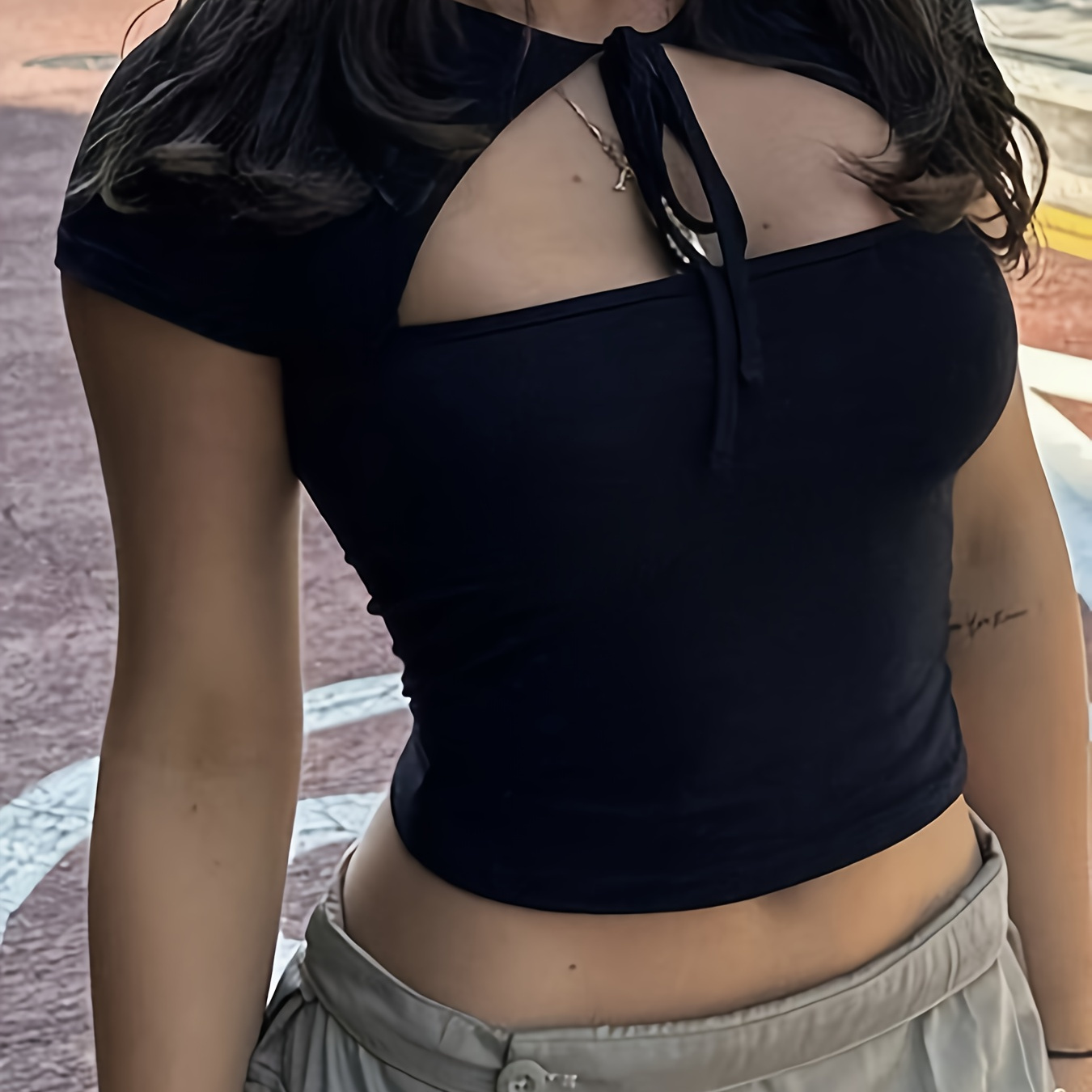

Cut Out Tie-neck Crop Top, Y2k Short Sleeve Top For Spring & Summer, Women's Clothing