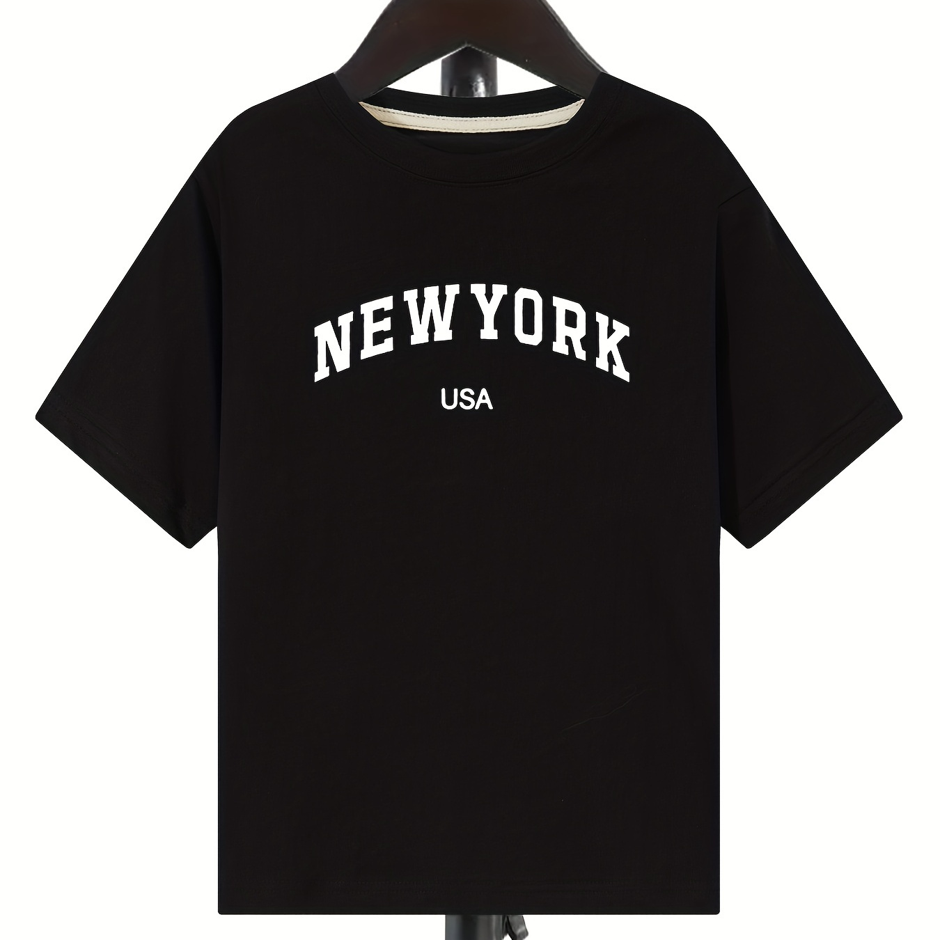 

New York Letter Print Boys Creative Cotton T-shirt, Casual Lightweight Comfy Short Sleeve Crew Neck Tee Tops, Kids Clothings For Summer