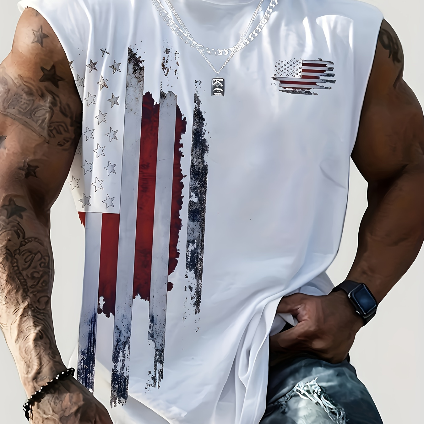 

Men's Casual Flag Pattern Sleeveless Plus Size Tank Top - Athletic Fit, Summer Wear