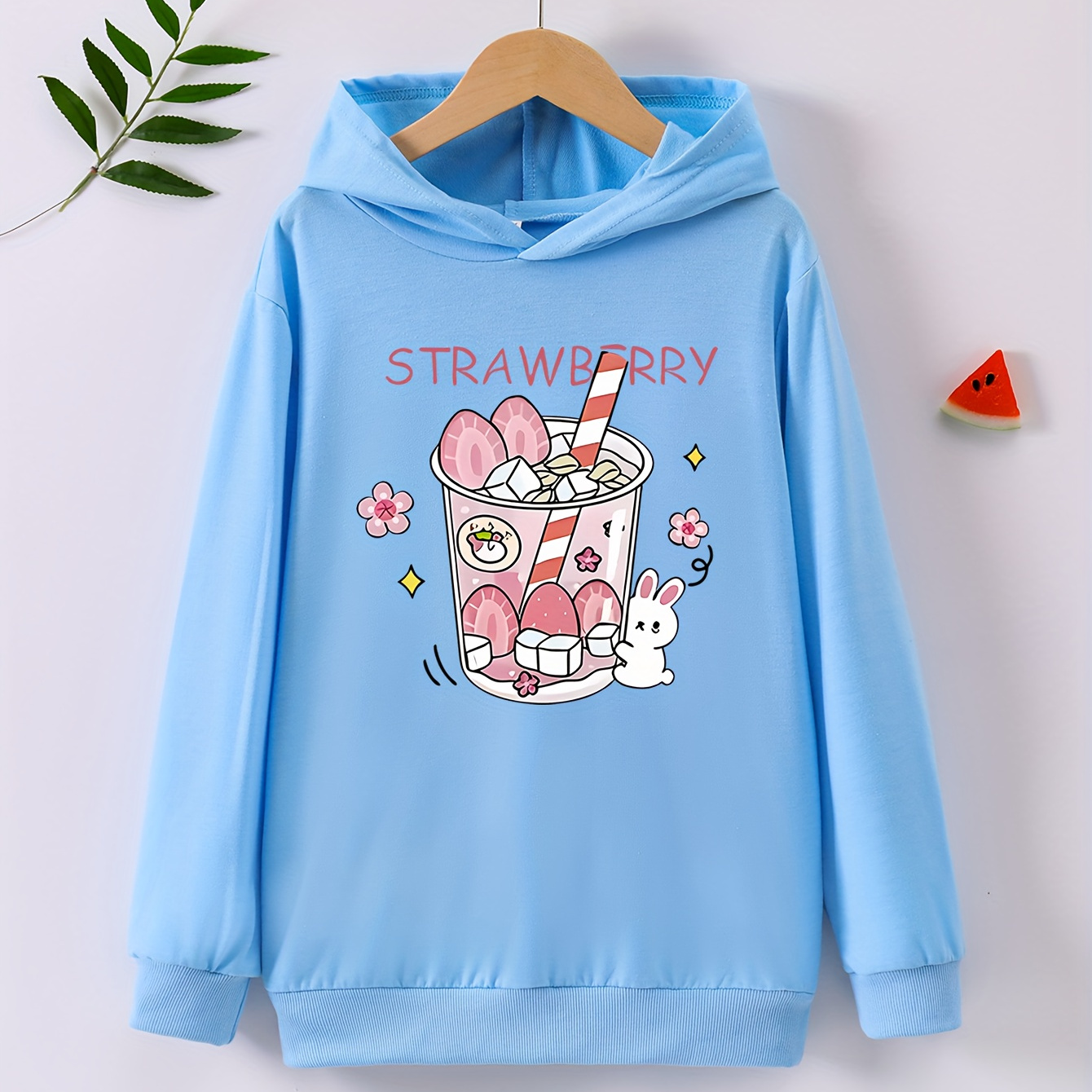 

Girls' Casual Polyester Hoodie With Cute Strawberry Boba Cartoon Print - Knit Fabric, Hooded, Stretch, Spring/fall Season, 12 & Under