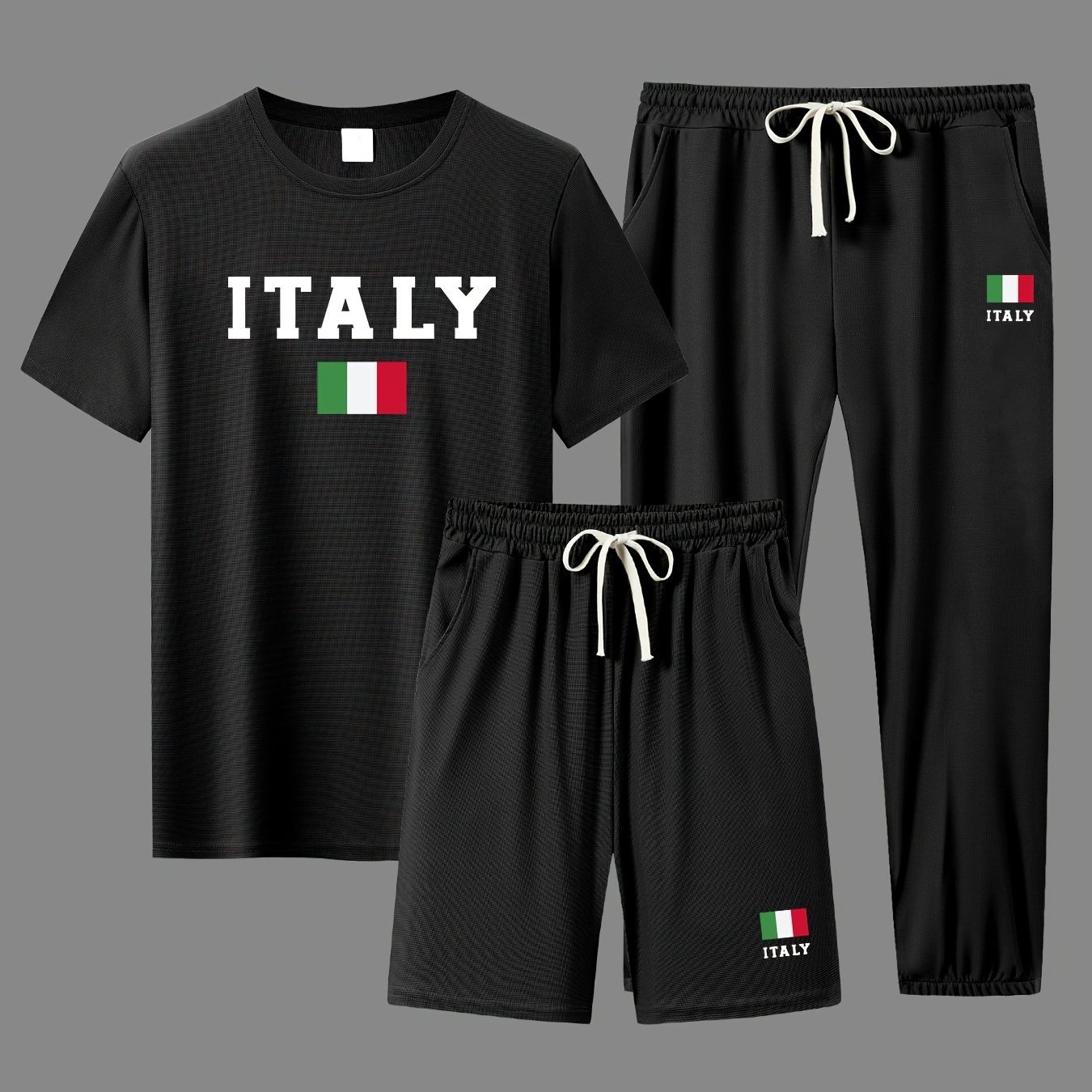 

Italy Men's 3-piece Casual Sports Set, Short Sleeve Round Neck T-shirt And Shorts And Pants Set, Breathable Summer Clothing
