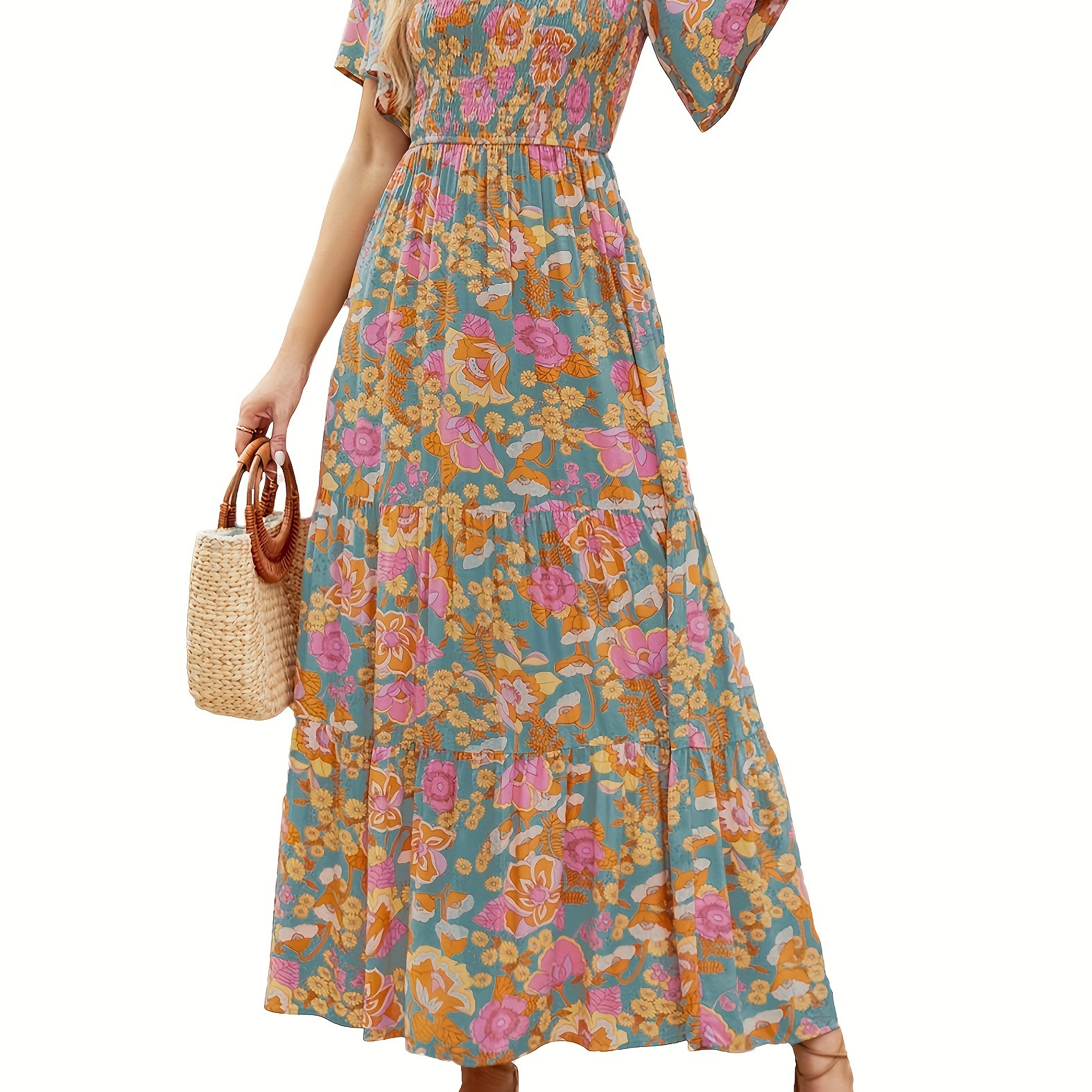 

Floral Print Shirred Bust Dress, Elegant Ruffle Sleeve A-line Dress For Spring & Summer, Women's Clothing