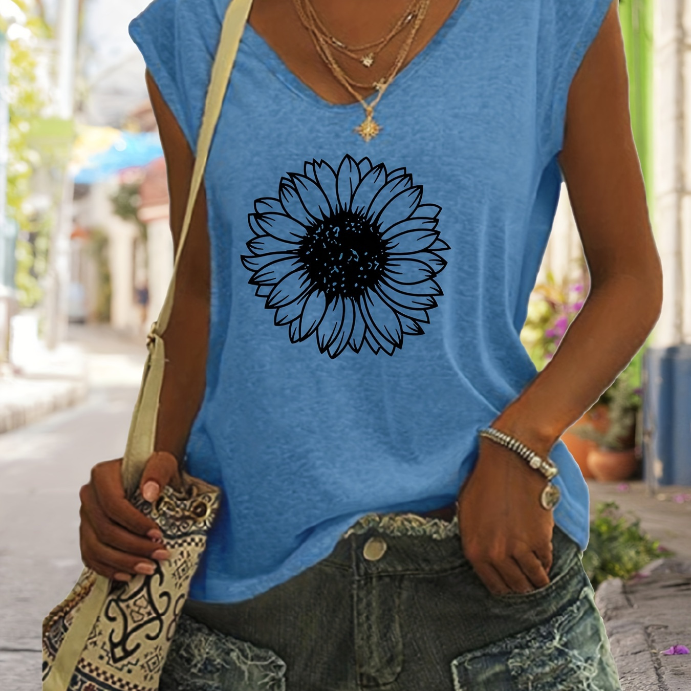 Sunflower Print V Neck T-shirt, Casual Short Sleeve T-shirt For Spring ...