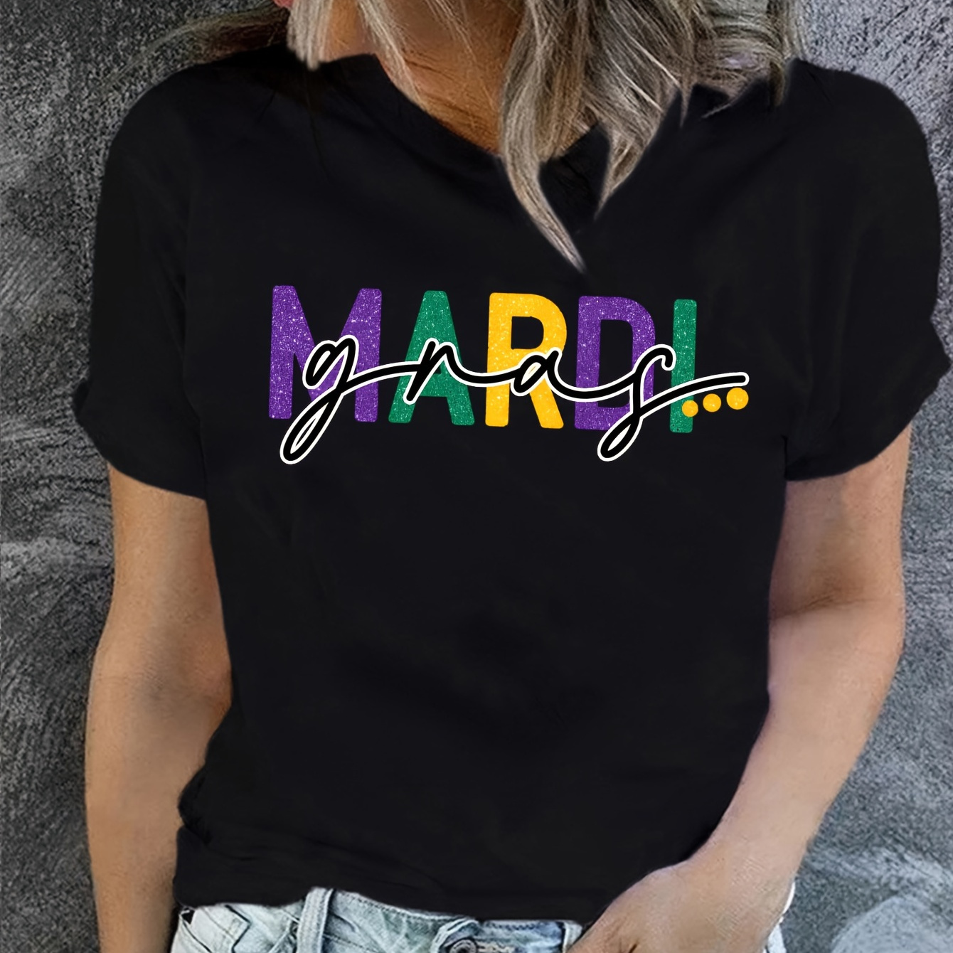 

Mardi Gras Print T-shirt, Short Sleeve Crew Neck Casual Top For Summer & Spring, Women's Clothing