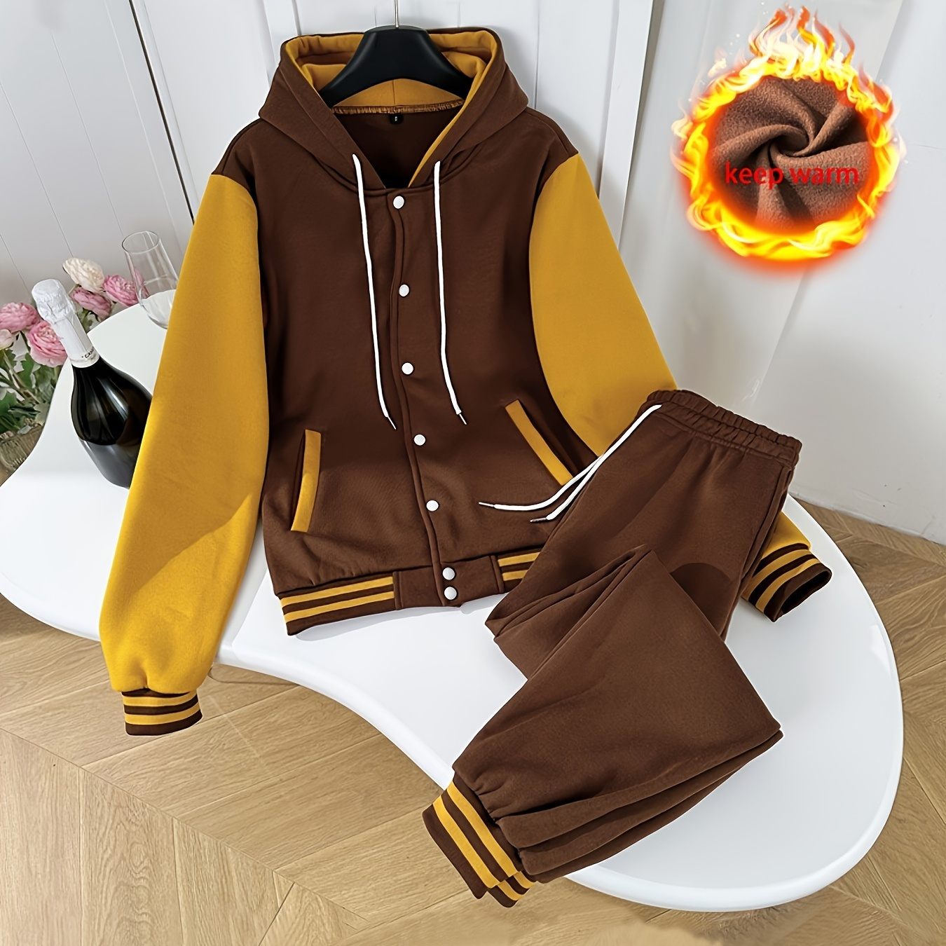 

Women's Casual Sports Two-piece Sportswear, Long-sleeved Hooded Fleece-lined Sweatshirt And Sweatpants Baseball Uniform Set, Color, Women's Clothing