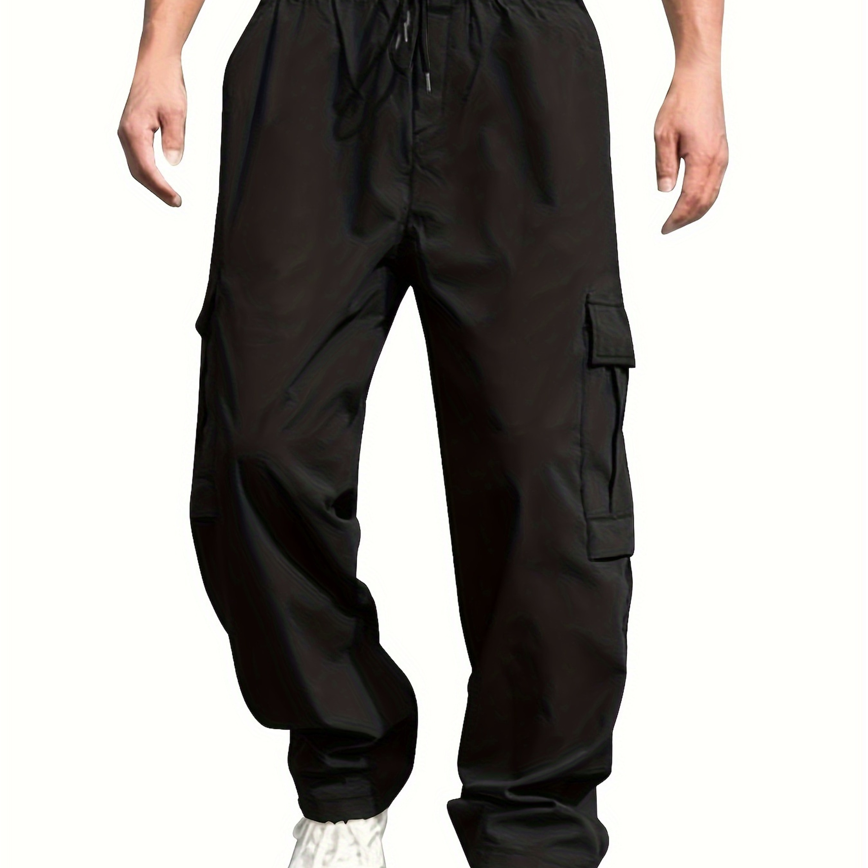 mens loose fit cargo pants drawstring pockets in solid color