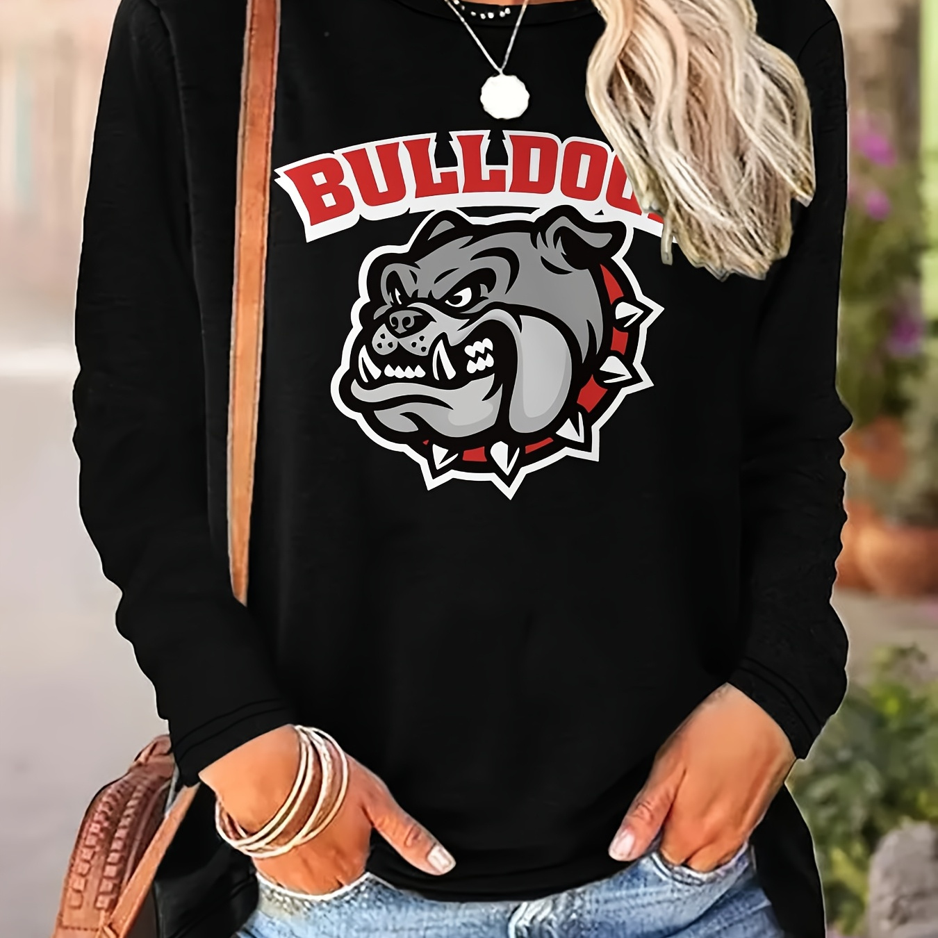 

1pc Women's Casual Crew Neck Hoodie With Bulldog , Polyester Knit Fabric, Regular Length, Geometric Pattern, Elastane 5% For Spring/summer/fall