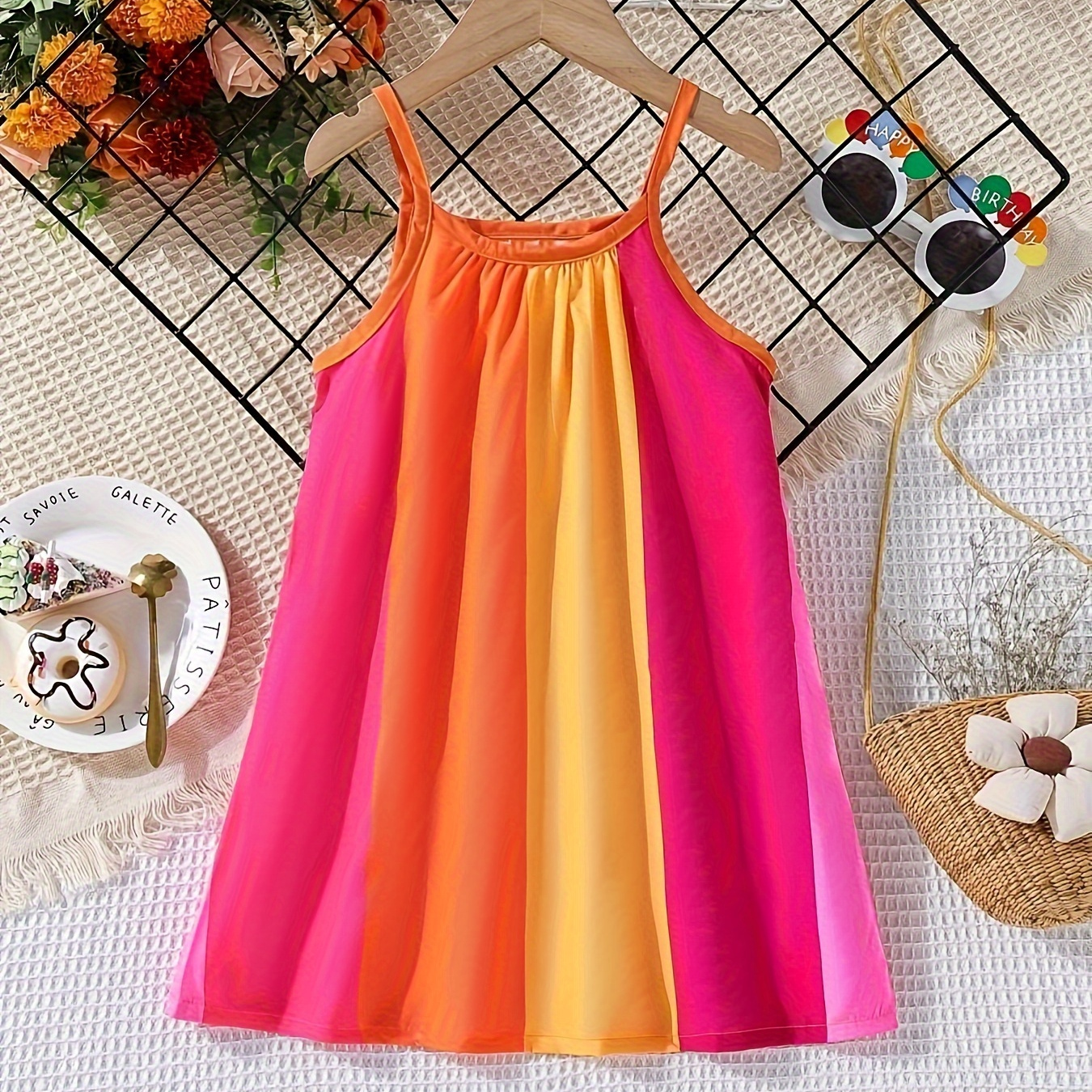 

Girls Color Block Splicing Cami Dress Summer Breathable Swing Dress For Beach Summer