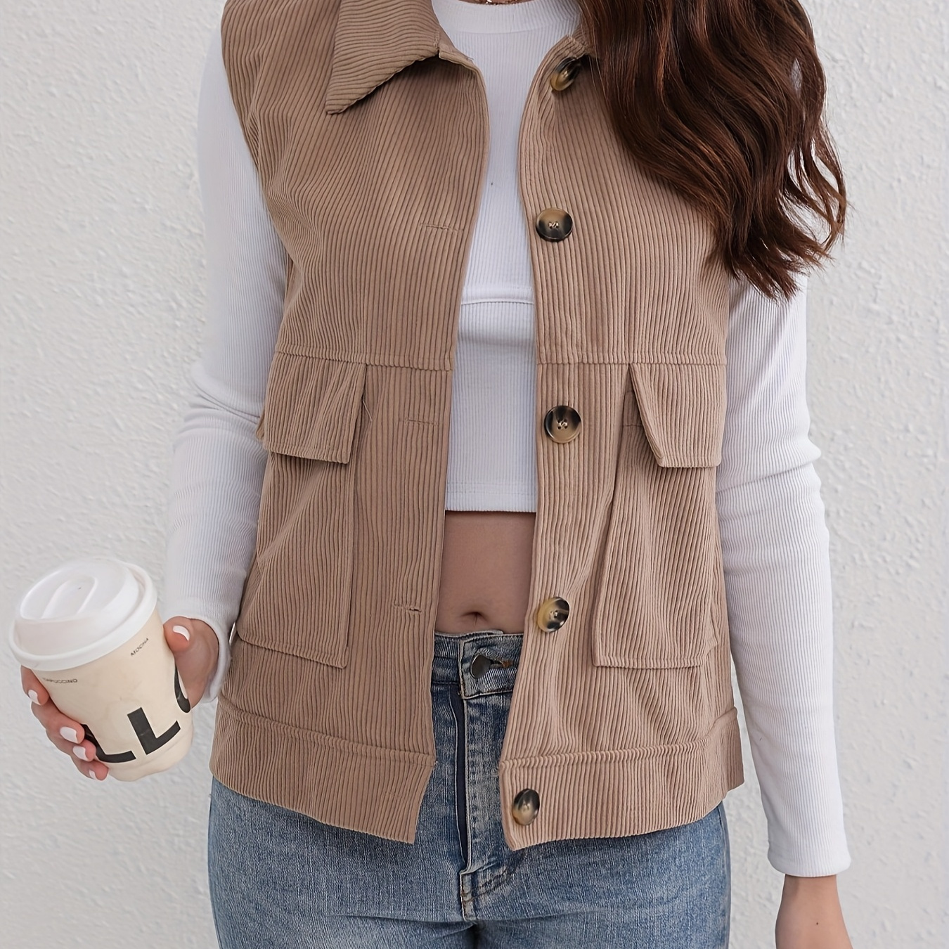 

Button Front Flap Pockets Vest, Casual Solid Color Lapel Vest For Fall, Women's Clothing