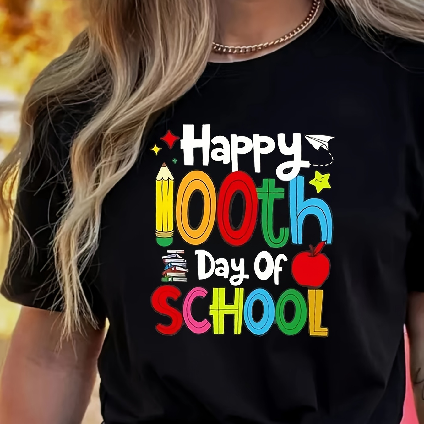 

Happ 100th Day Of School Letter Graphic Crew Neck Sports T-shirt, Short Sleeves Workout Tops, Women's Activewear